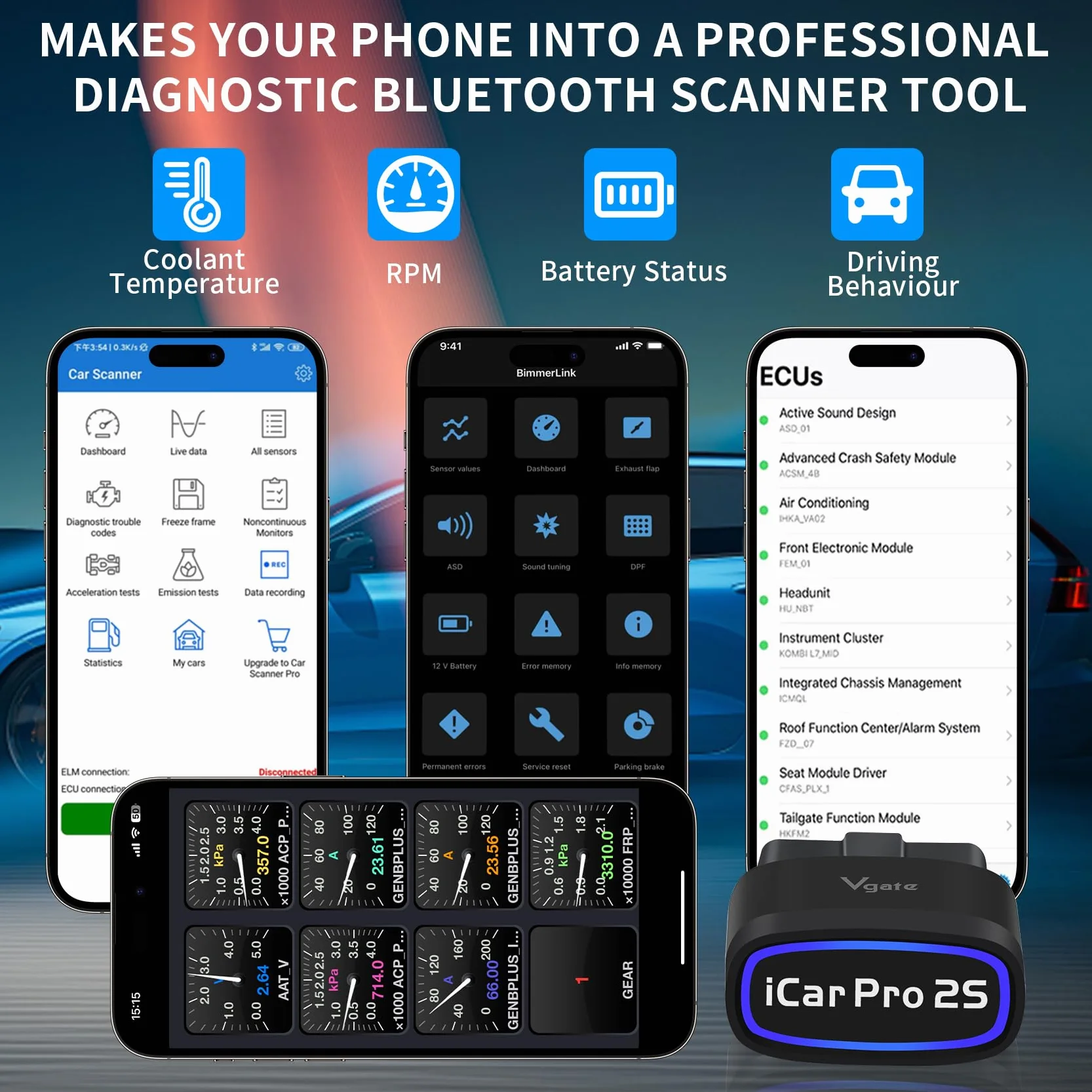 Vgate iCar Pro 2S OBD2 Bluetooth Lettore Codici Motore Diagnostico Scanner Compatibile iOS Android EV Ibridi