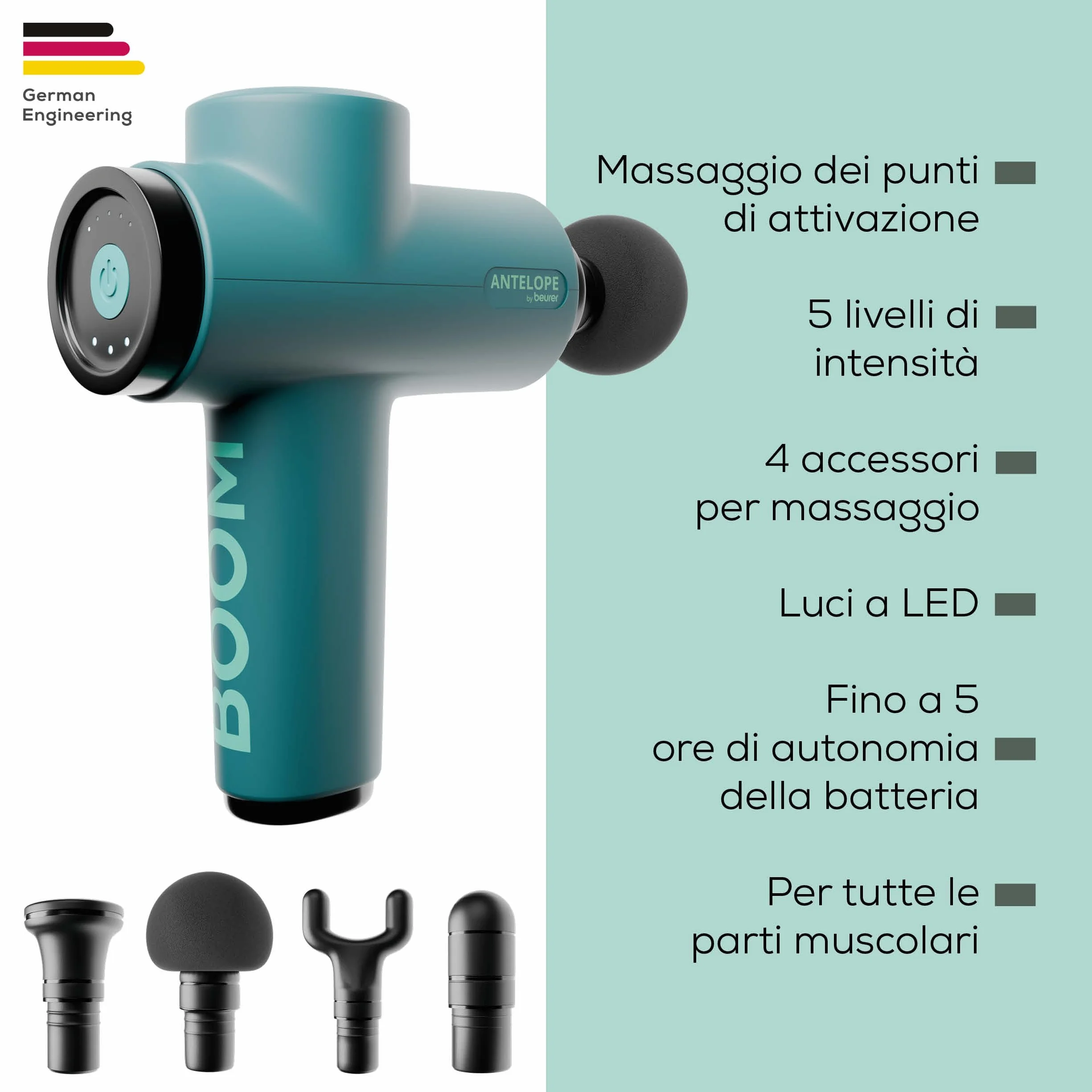 Beurer BOOM Pistola per Massaggio Muscolare compatta 4 accessori 5 livelli