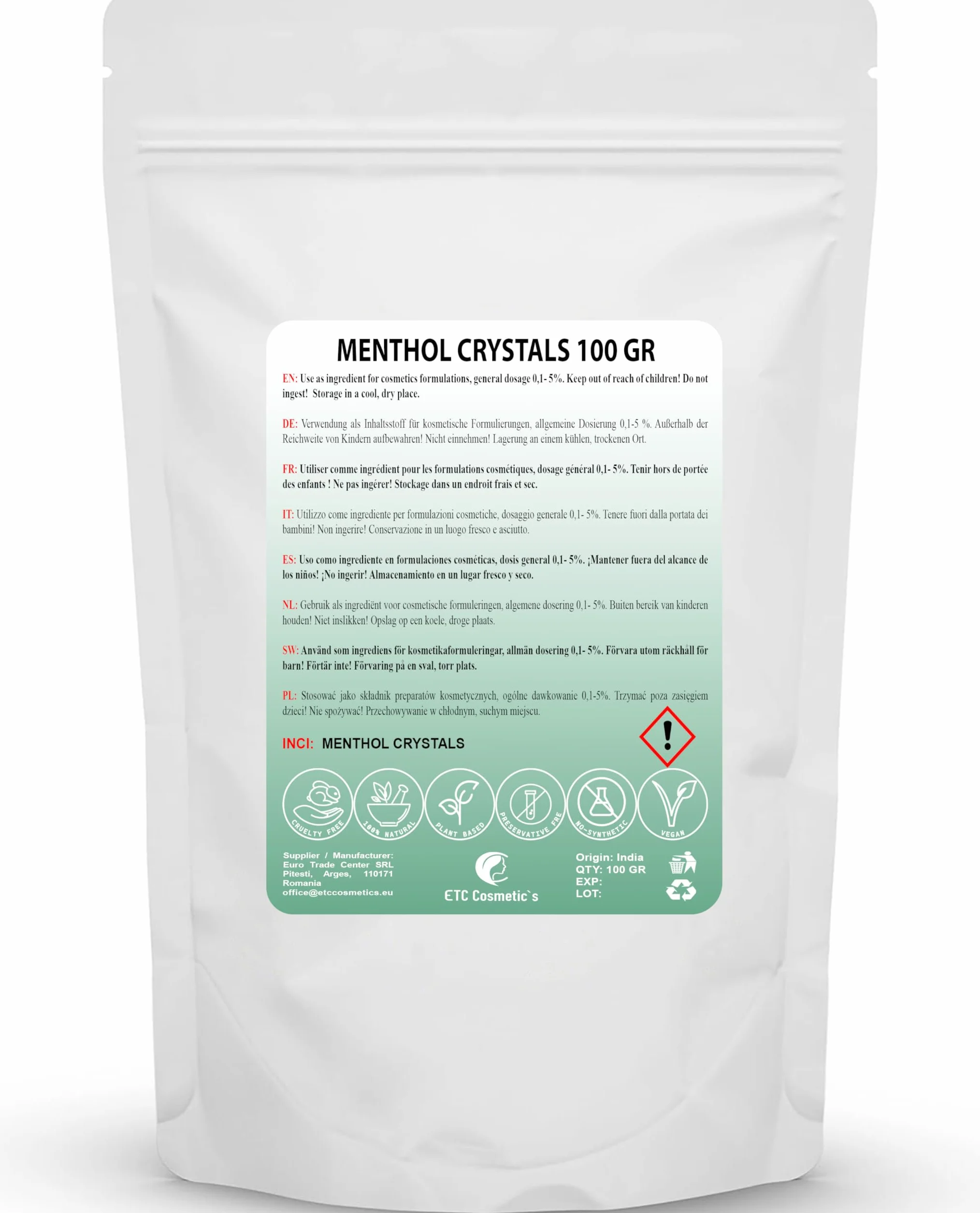 Cristalli di mentolo 100 gr effetto rinfrescante ingrediente cosmetico accessori sauna infuso olio di menta 100% naturale