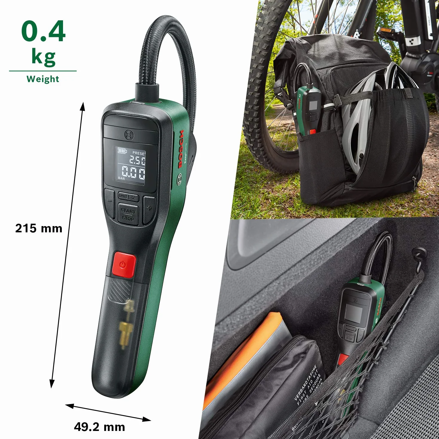 Bosch EasyPump Minipompa Elettrica 3,6 V 150 PSI 10,3 Bar Ricaricabile USB-C LED Autostop