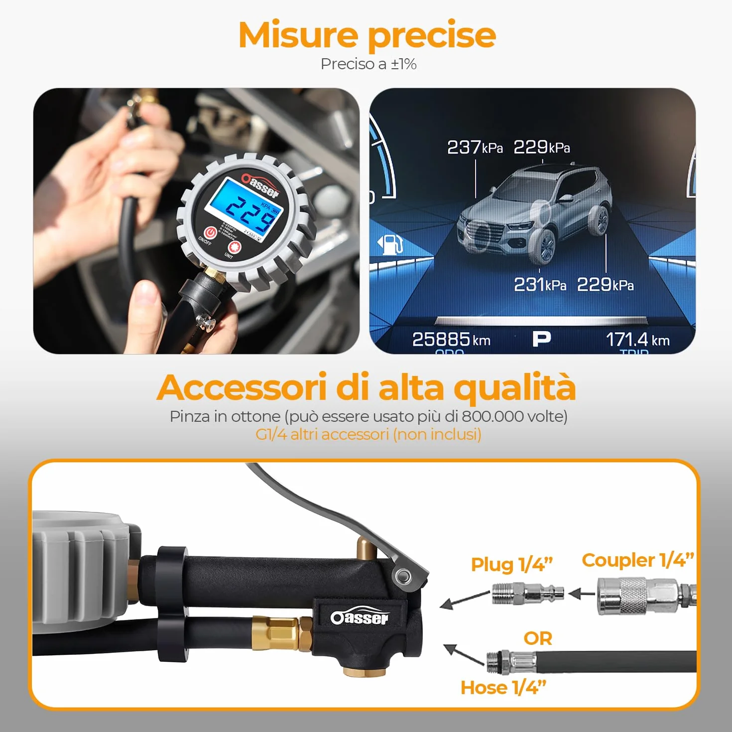 Oasser Manometro Pressione Gomme Professionale, Manometro Digitale, Pistola Gonfiaggio Pneumatici 255 PSI Alta Precisione con Luce a LED e Schermo LCD per Auto, SUV, Camion, Moto e Biciclette