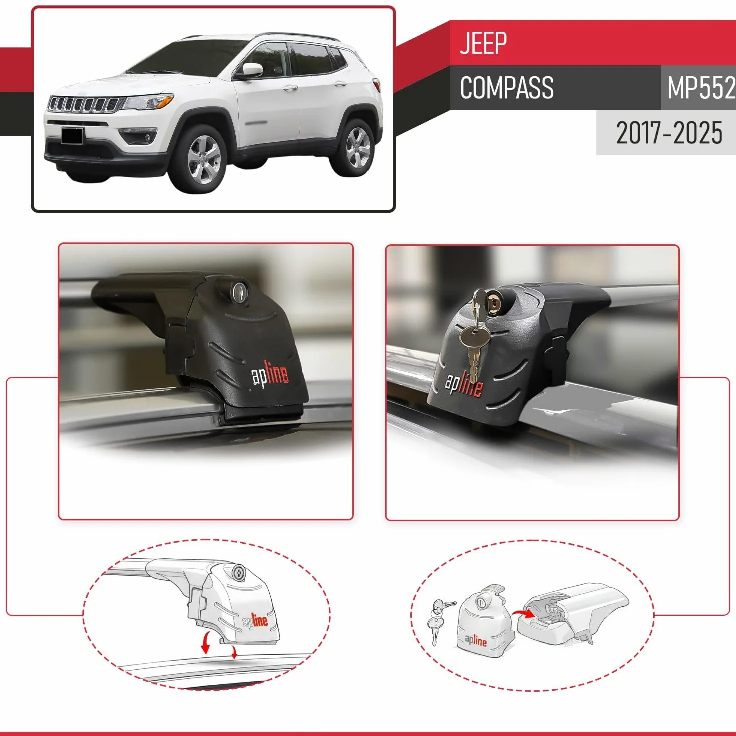 Compatibile con Jeep Compass (MP552) 2017-2025 Modello ACE-2 Barre Tetto Portapacchi Auto Barre Portatutto Grigio Alluminio 2 Barre