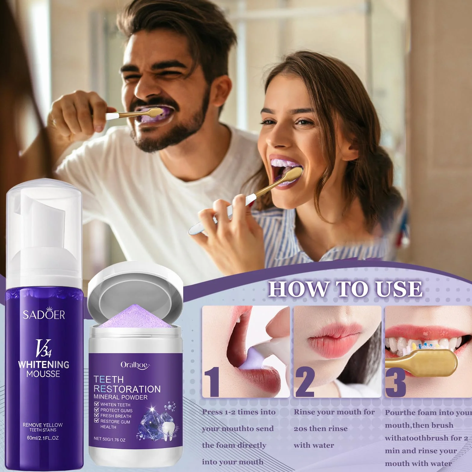 Kit Sbiancante Denti: Dentifricio Viola Sbiancante 60ml + Polvere 50g + Spazzolino, Rimozione Macchie Profonde