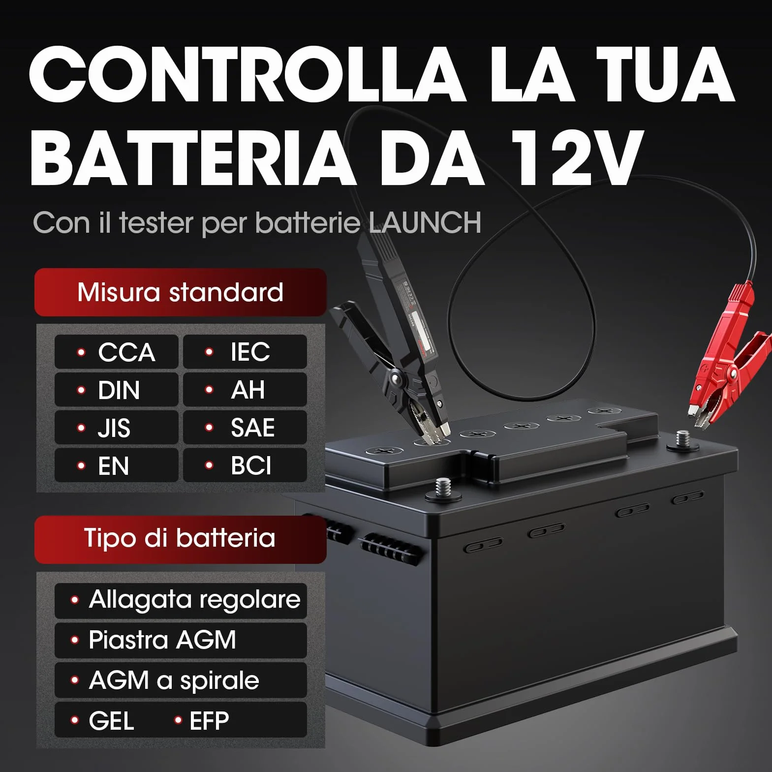 LAUNCH BST360 - Tester batteria auto 12 V, 100-2000 CCA Bluetooth strumento analizzatore della batteria Auto, test di salute di ricarica per auto camion moto ATV SUV barca Yacht