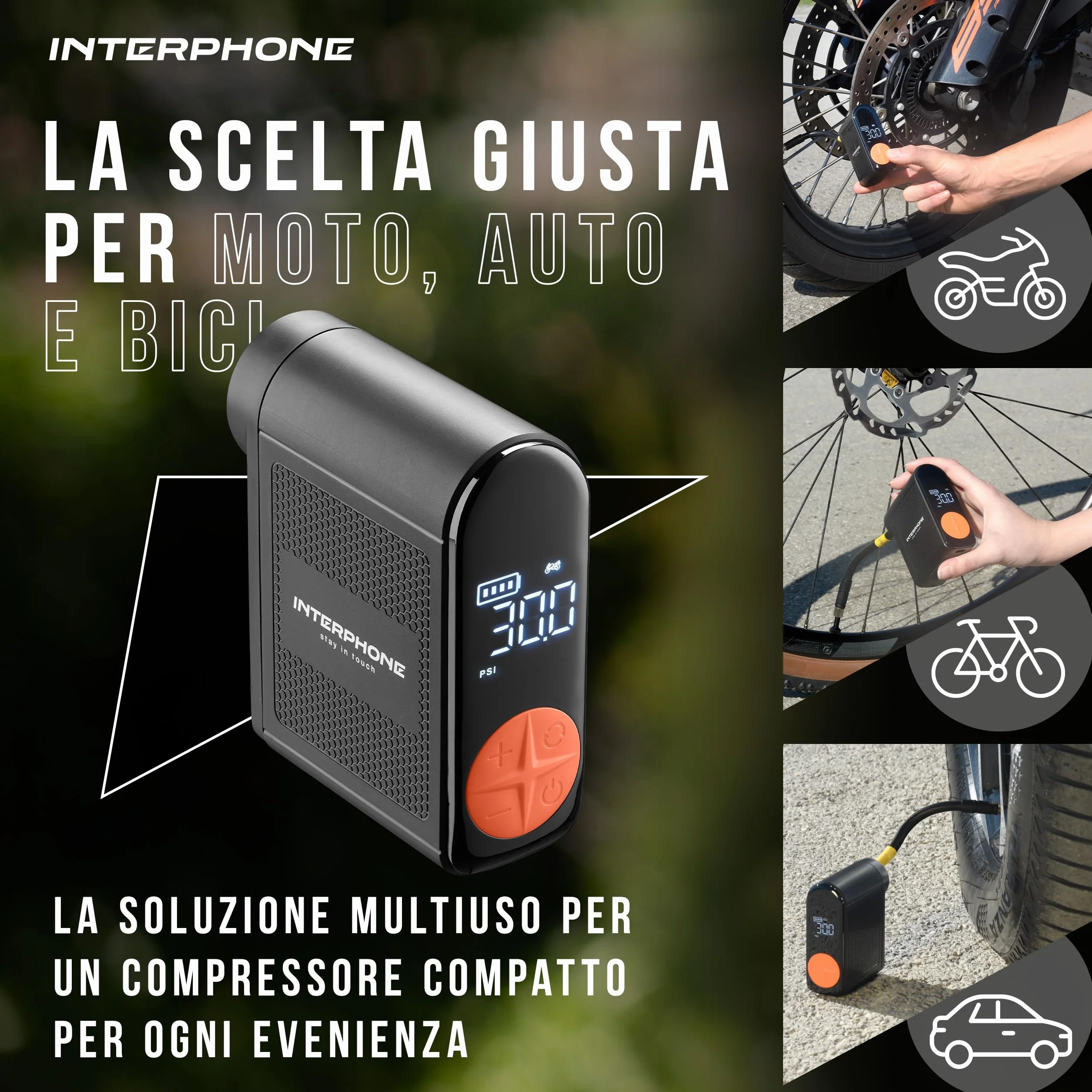 INTERPHONE Air Pump Mini Compressore Portatile Ricaricabile, Gonfia Gomme Auto Moto Bici