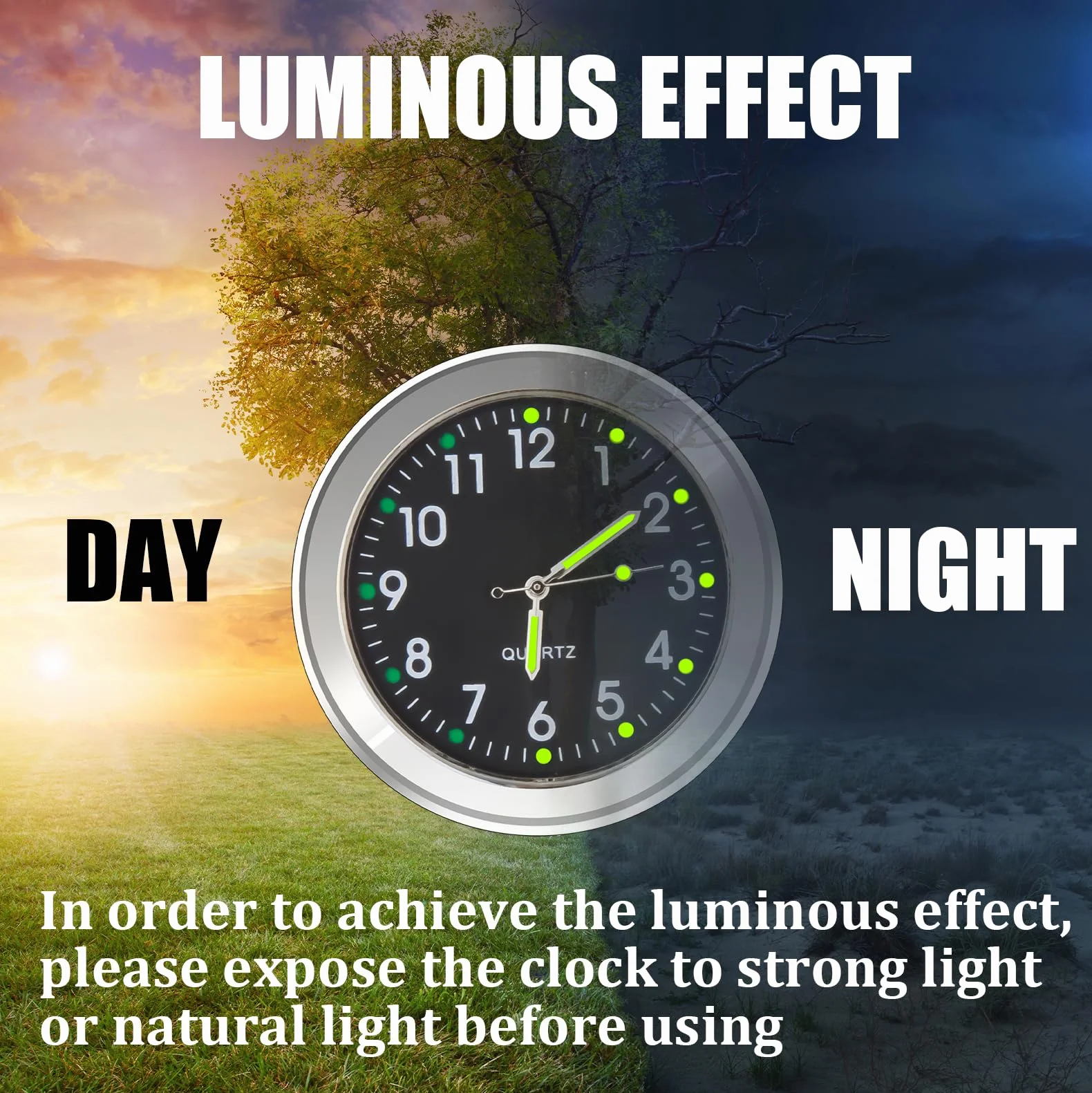 Orologio Universale Luminoso al Quarzo con Clip per Bocchetta dell'Aria e Adesivo per Decorazione Interni per Auto (Nero)