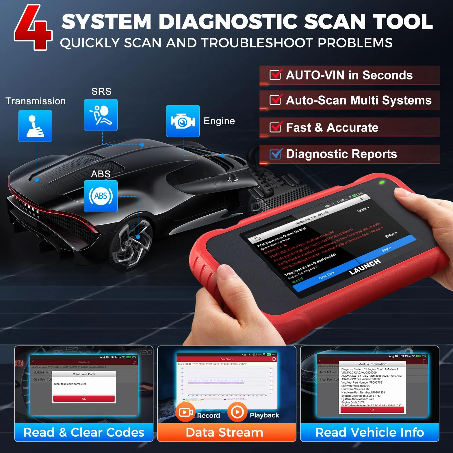LAUNCH CRP123E V3.0 OBD2 Diagnosi Auto Professionale con 4 Sistemi ABS SRS Motore Trasmissione, 7 Reset CANFD DOIP Aggiornamenti WiFi