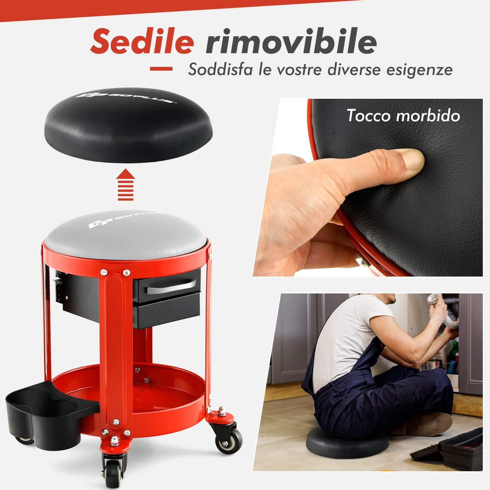COSTWAY Sgabello da Officina, Sgabello Meccanico Rotante con 2 Cassetti, Ripiano, Vassoio, Ruote, 150 kg di capacità, per Garage, Officina