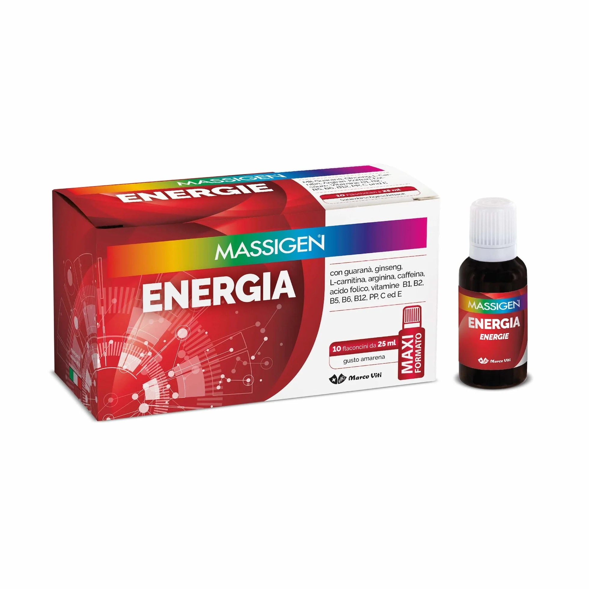 Massigen Tonico Energia Integratore Energetico con Ginseng e Guaranà 10 Flaconcini 25 ml Senza Glutine