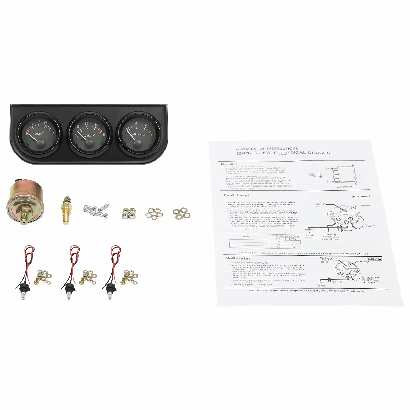 Strumenti supplementari temperatura olio + pressione olio + indicatore voltmetro volt nero 3 in 1 per auto