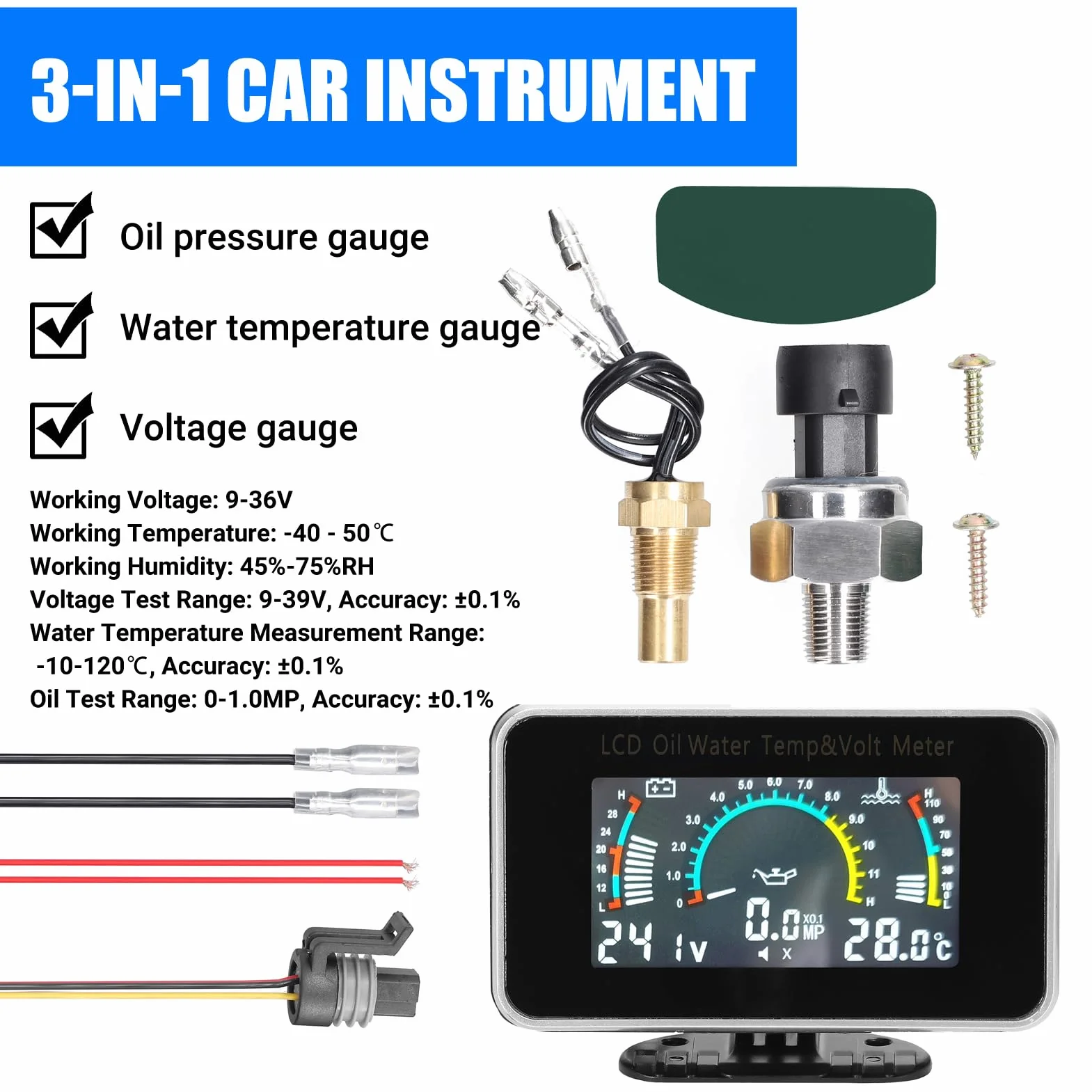 3 su 1 multifunzione auto LCD Digital Display Display Olio Pressione Acqua Temperatura Voltmetro Strumento a scopo universale 9-36 V per auto, camion, o SUV