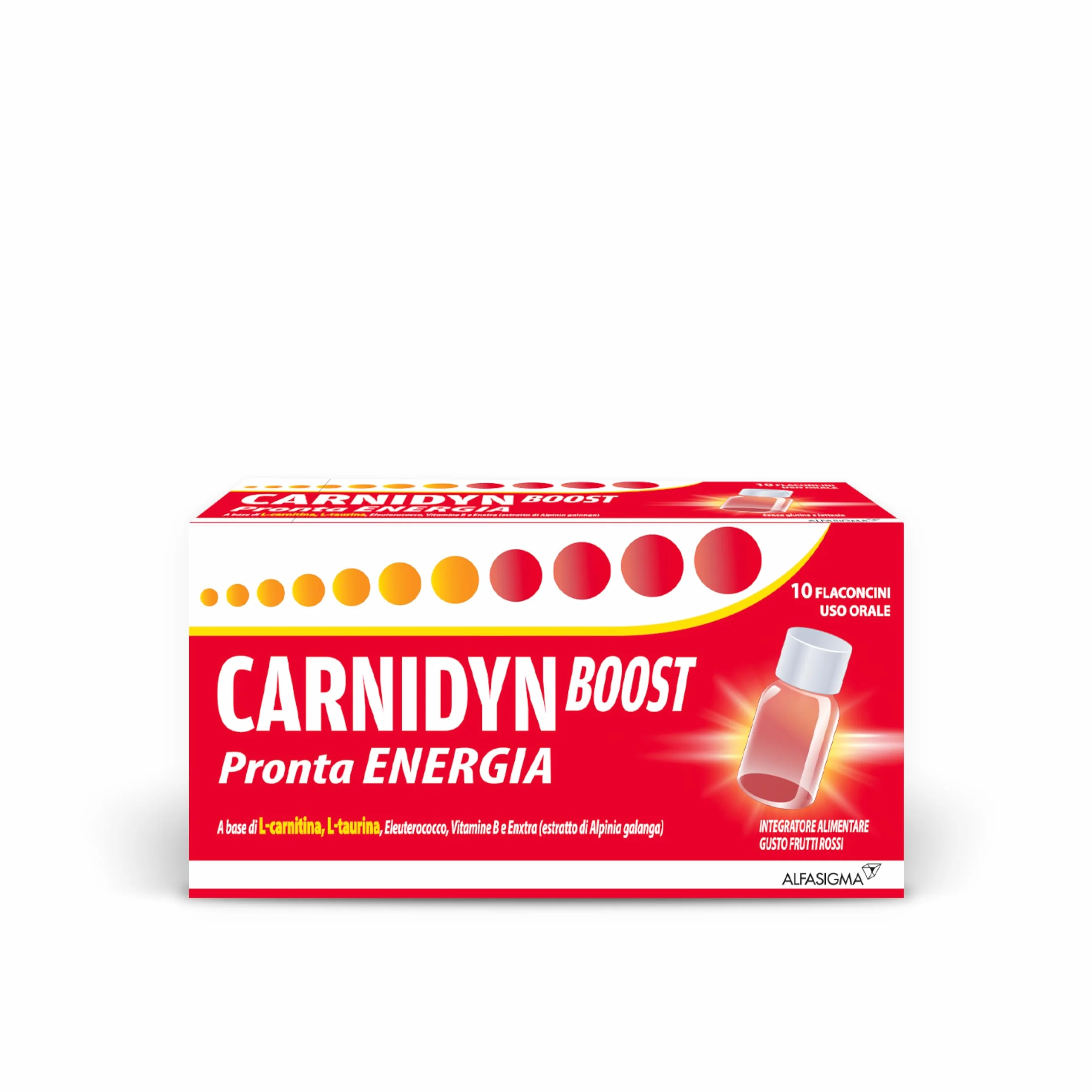 Carnidyn Boost Integratore Extra Energia Carnitina Taurina EnXtra Eleuterococco Vitamine B Senza Caffeina Glutine Lattosio Gusto Frutti Rossi 10 Flaconcini