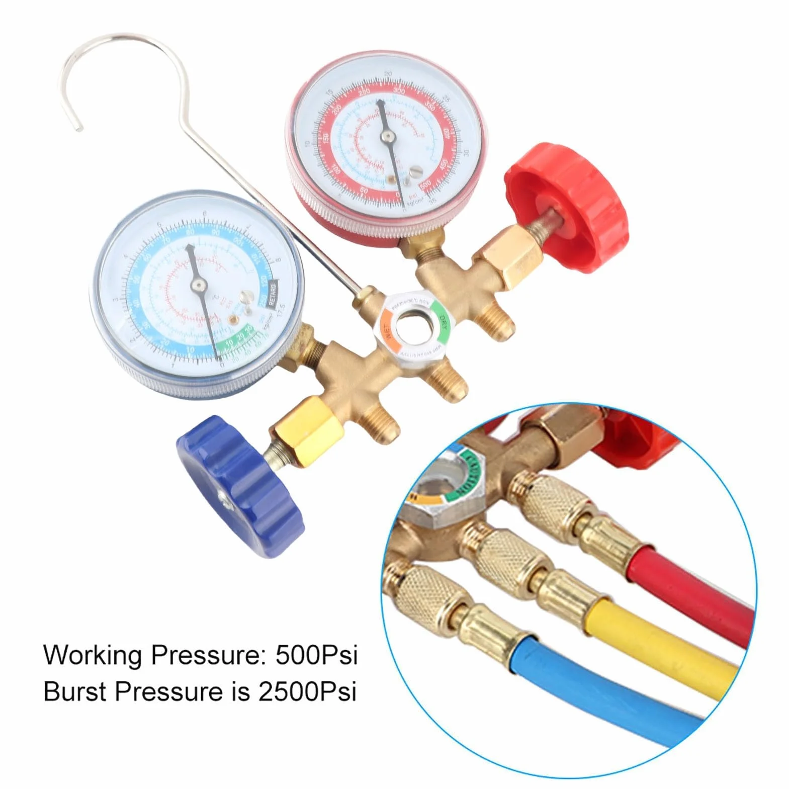 Set di misuratori diagnostici a 3 vie A/C, strumenti di condizionamento del refrigerante Set di misuratori diagnostici CA con kit tubo e gancio