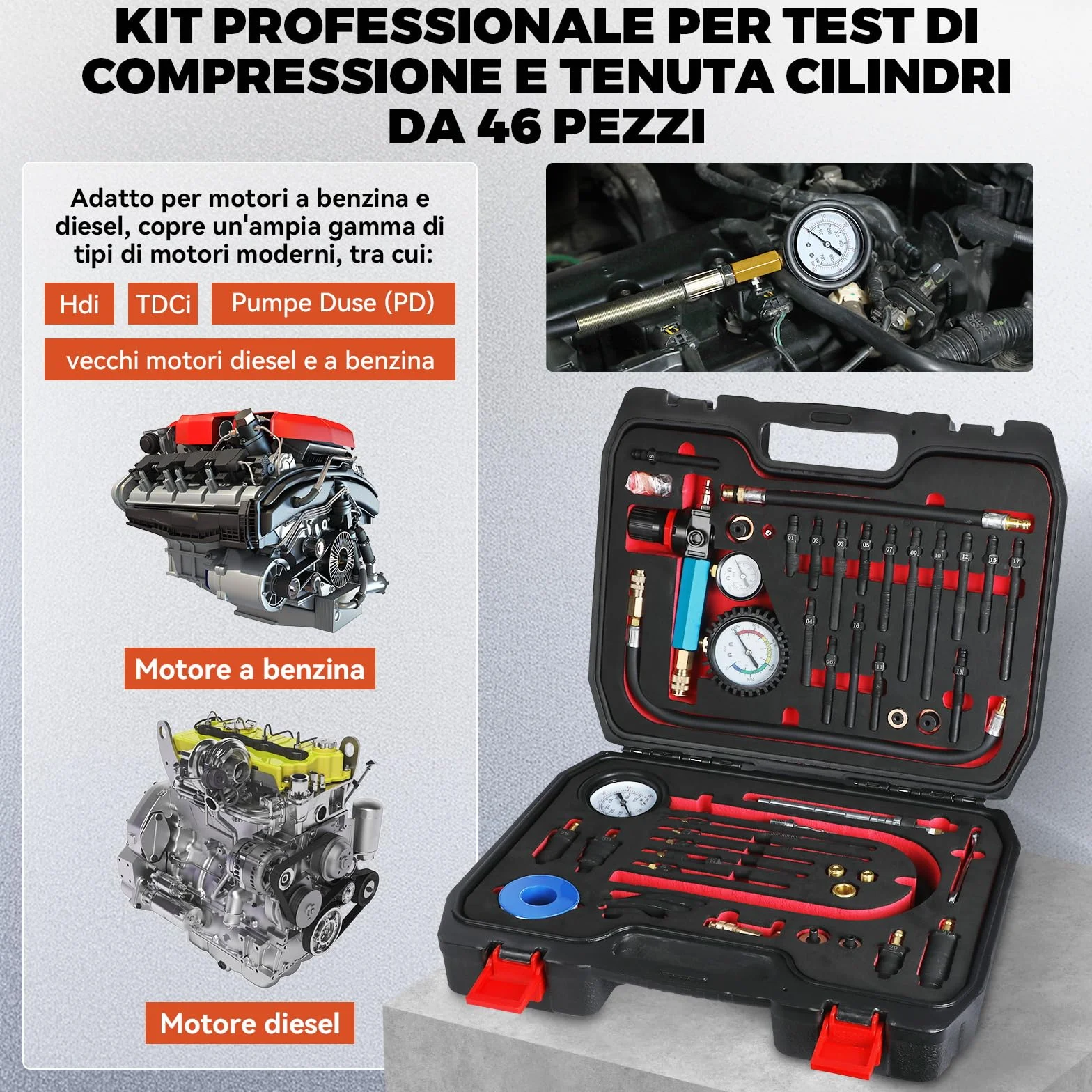 Set di 46 Tester di Compressione Professionale per Auto, Tester di Perdita di Pressione per Motori Diesel e Benzina con Adattatore per Auto, Camion, Moto