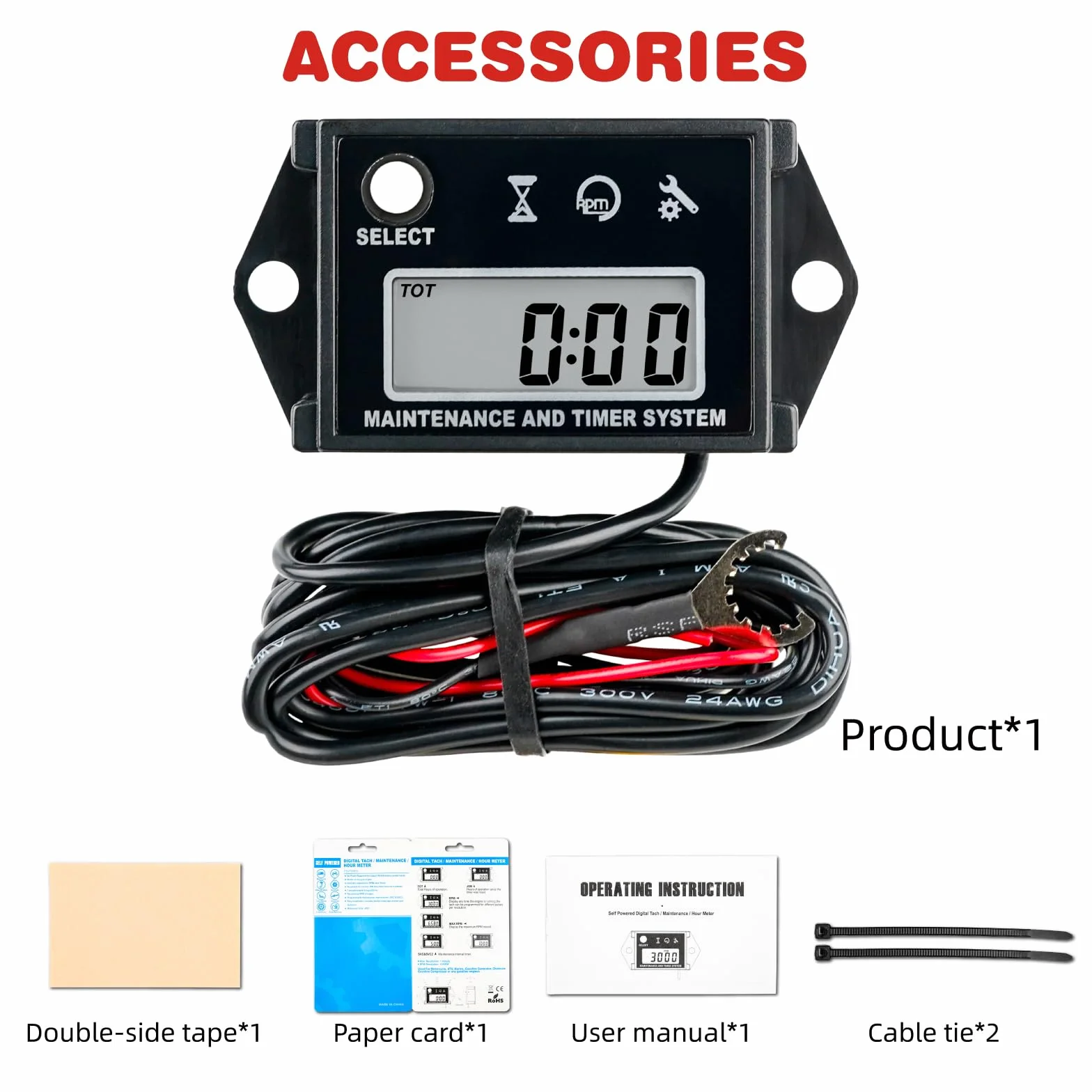 RQ-HM026C Tachimetro digitale, ore totali, promemoria SVC, impermeabile IP68, per motori a benzina come tosaerba, trattori, moto d'acqua, imbarcazioni marine, motori fuoribordo (nero)