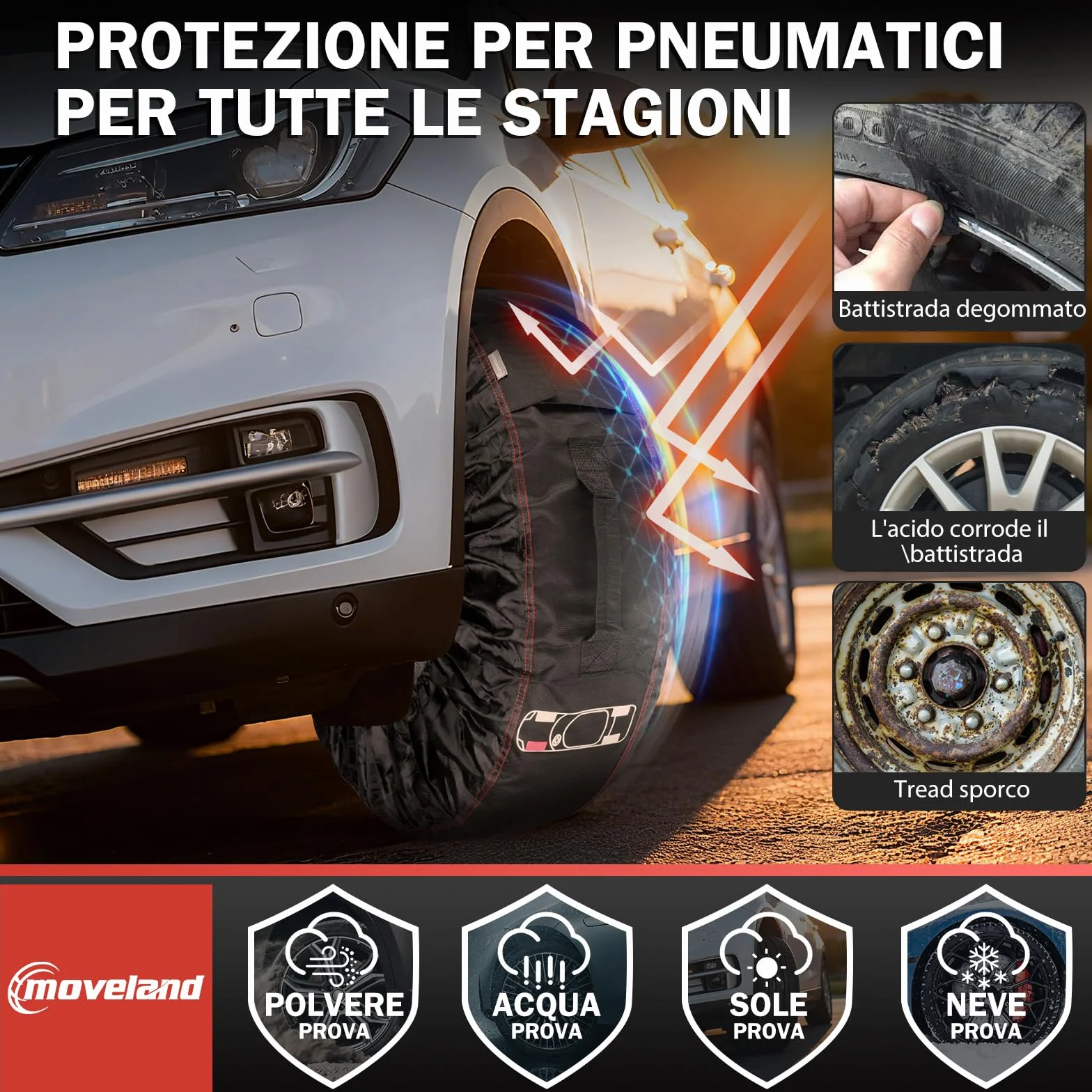 Moveland Set Da 4 Copri Pneumatici 13-17 Pollici Impermeabili Con Cuscinetti In Feltro