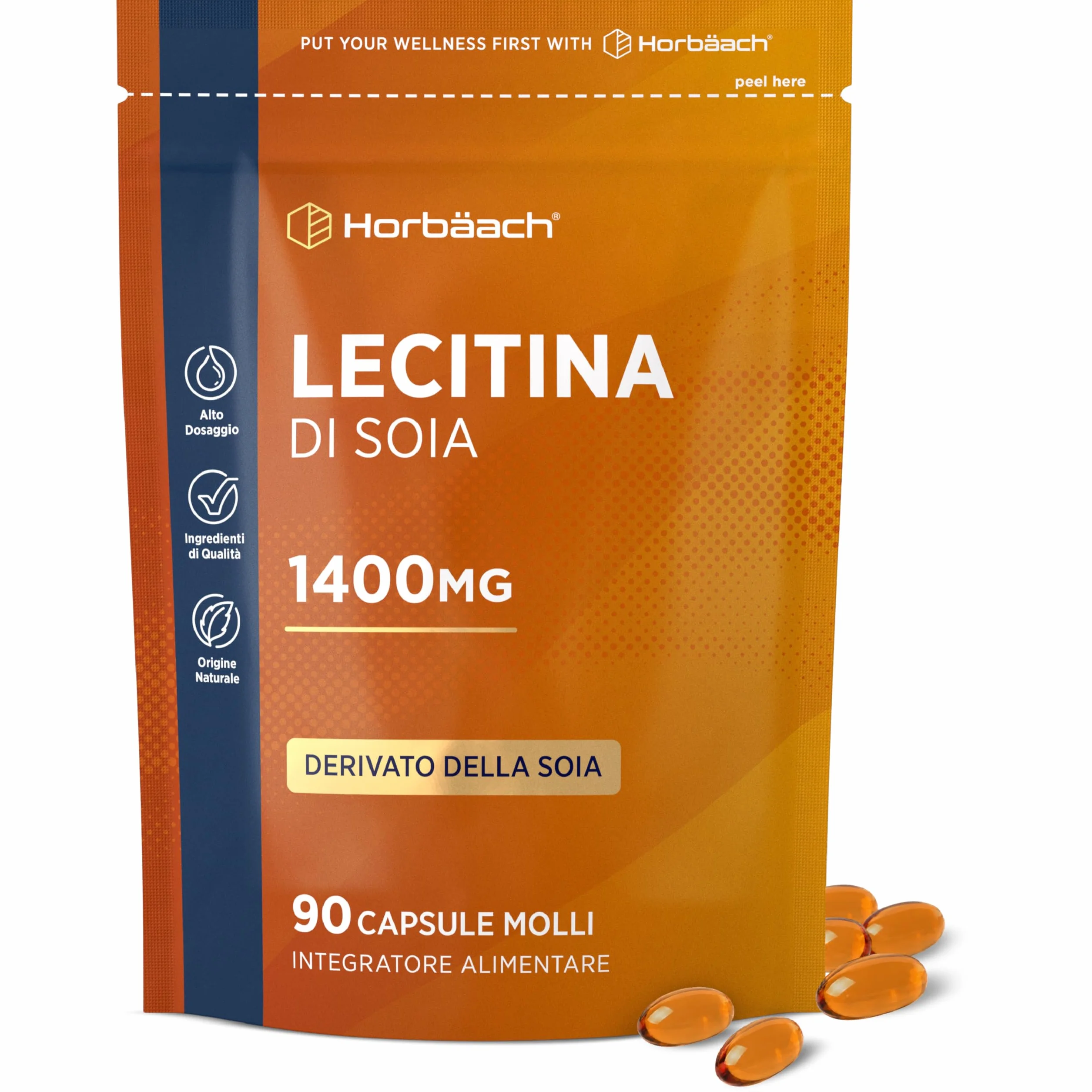 Lecitina di Soia Capsule 1400 mg 90 Capsule Molli Integratore Alimentare Horbaach