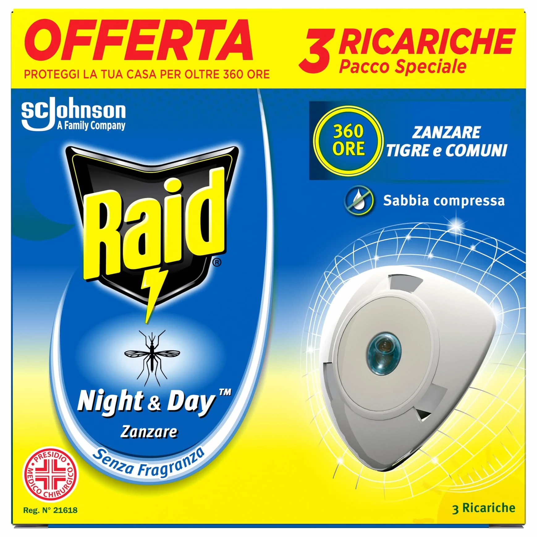 Raid Night & Day Ricarica Antizanzare Repellente Zanzare Inodore a Sabbia Compressa, Confezione da 3