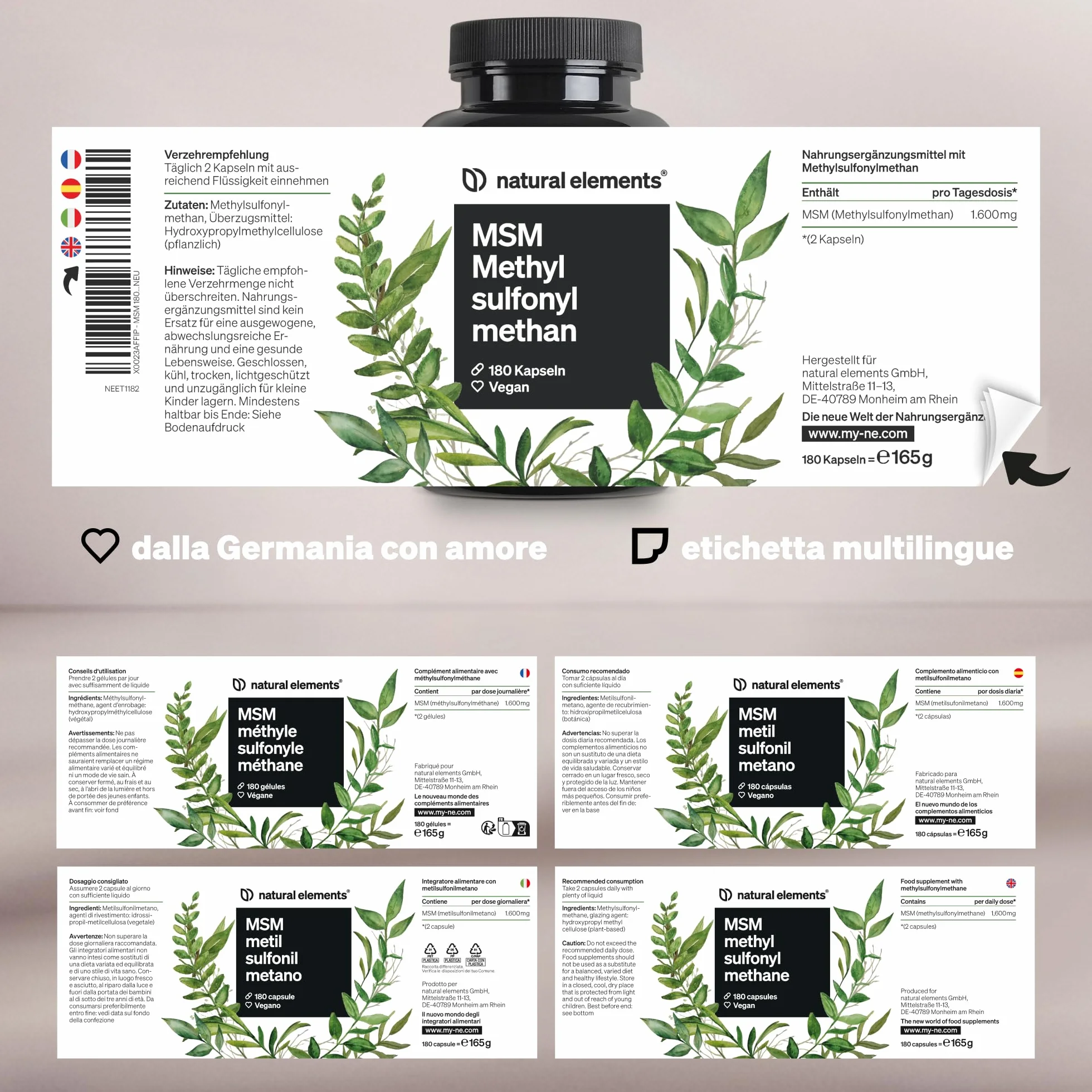 MSM in capsule 180 capsule vegane 1600 mg metilsulfonilmetano in polvere per dose giornaliera altamente dosato prodotto in Germania
