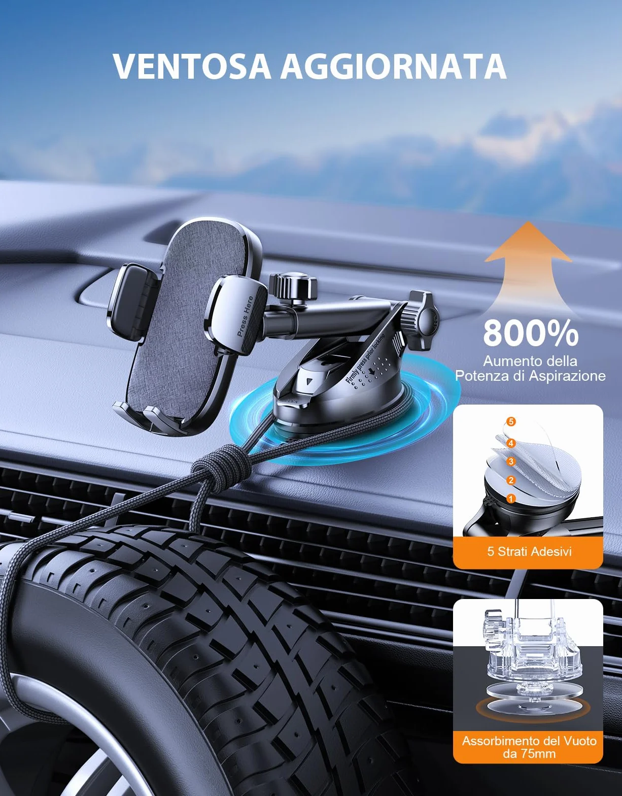 Mohard Porta Cellulare Auto, Mai Cadere Supporto Telefono Auto Cruscotto Ultra Robusto, Rilascio Rapido & 360° Ruotabile Ventosa Porta Telefono Set Interni Automobile Universale per Smartphone da 4-7"
