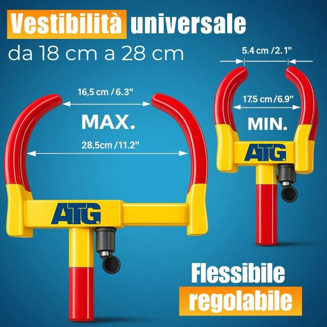 ATG Bloccaruota Auto e Rimorchio – Antifurto Meccanico Universale Ganascia Bloccaruota per Auto, Camper, Caravan, Moto – 18–28 cm
