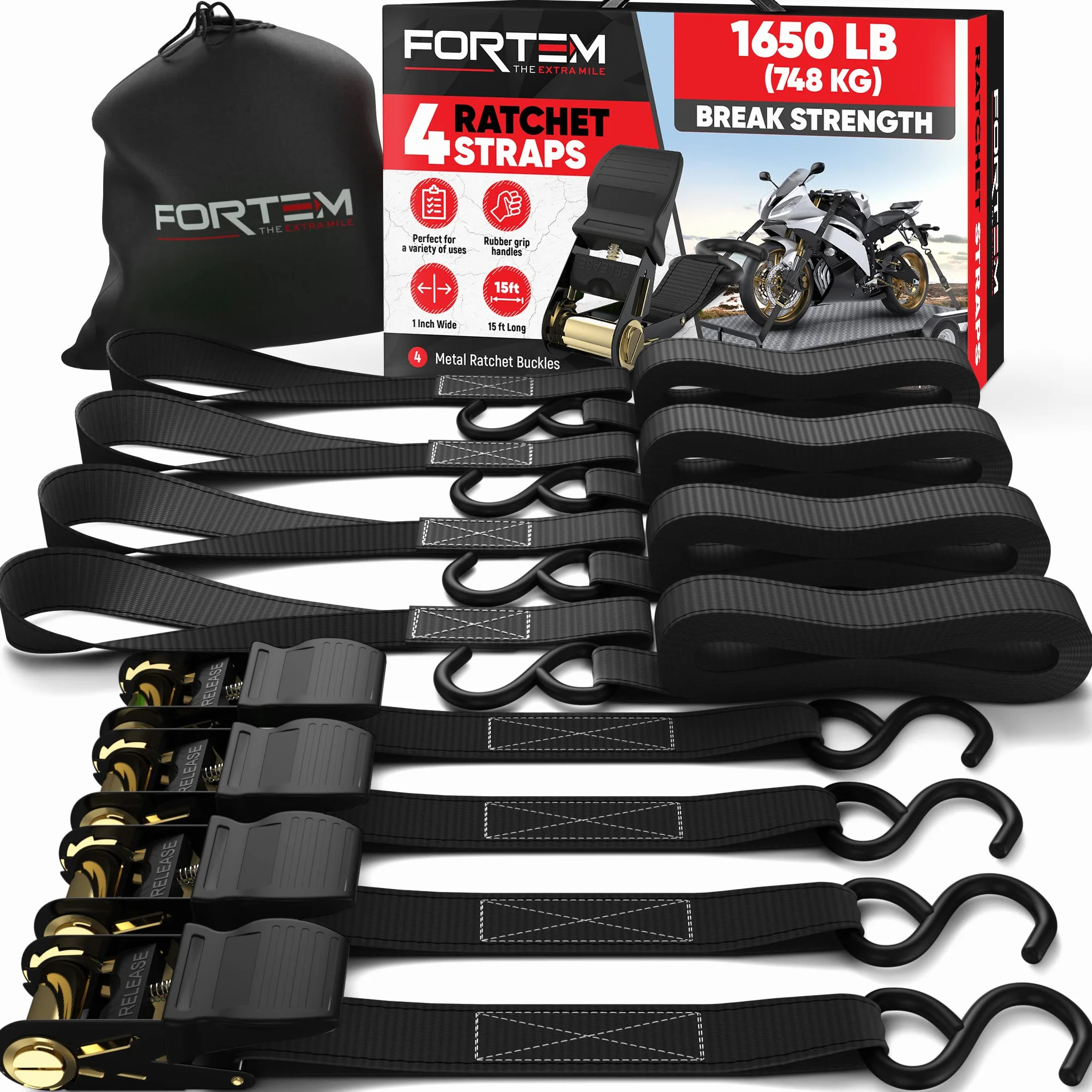 FORTEM Cinghie a Cricchetto Set da 4, Resistenza 748 Kg, 4,57 m, Ganci in Metallo, Custodia Inclusa, Nero