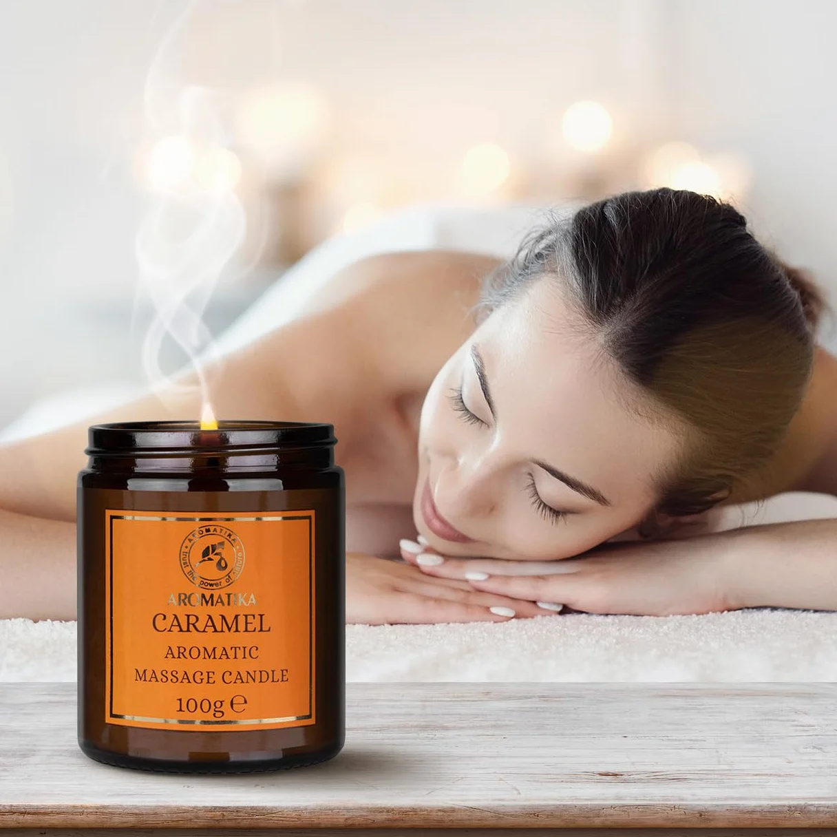 Candela da Massaggio Caramello 100g Cera di Soia Oli Cocco Mandorle Vaniglia Aromaterapia
