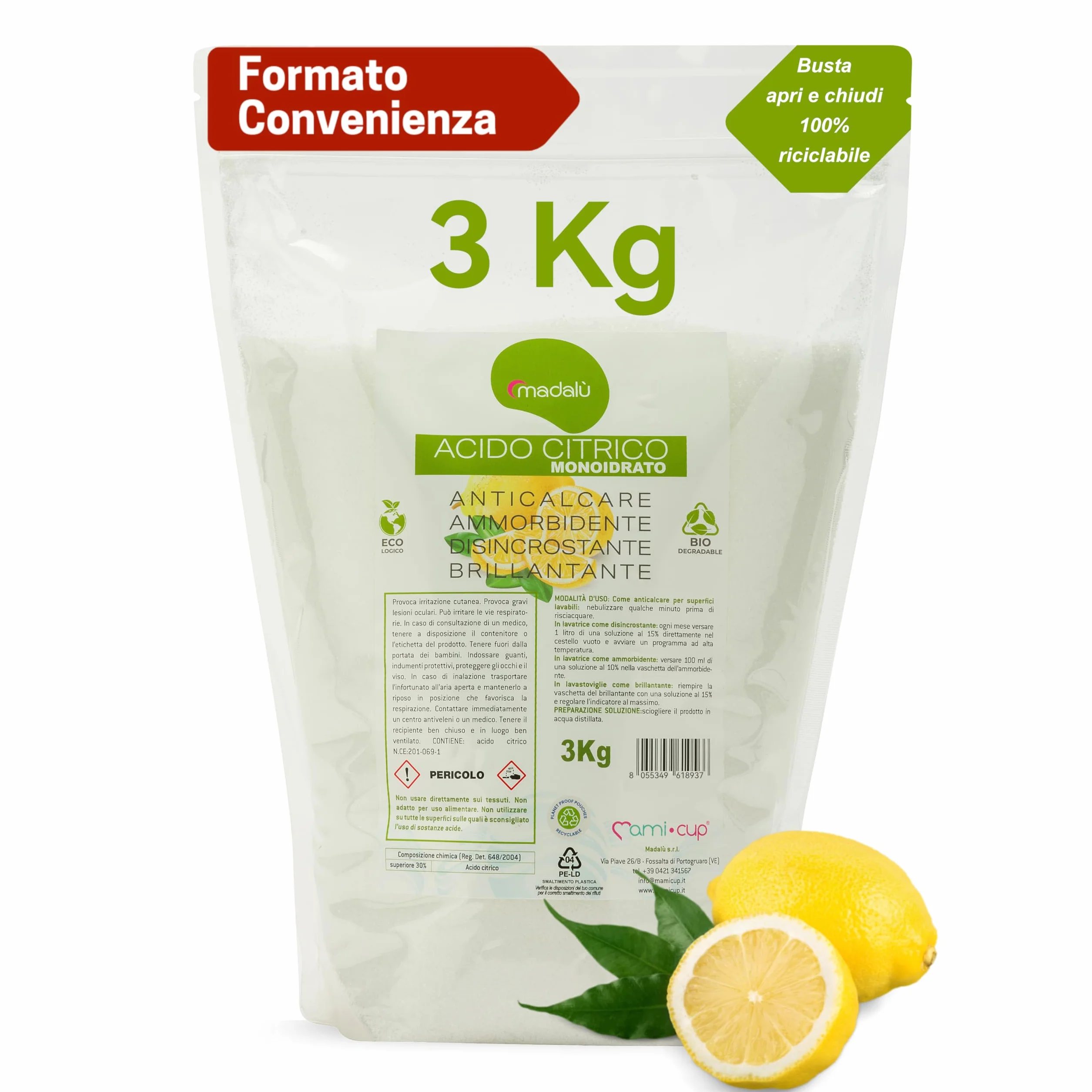 Acido Citrico in Polvere 3 kg per Pulizia Lavastoviglie e Lavatrice, Anticalcare Disincrostante