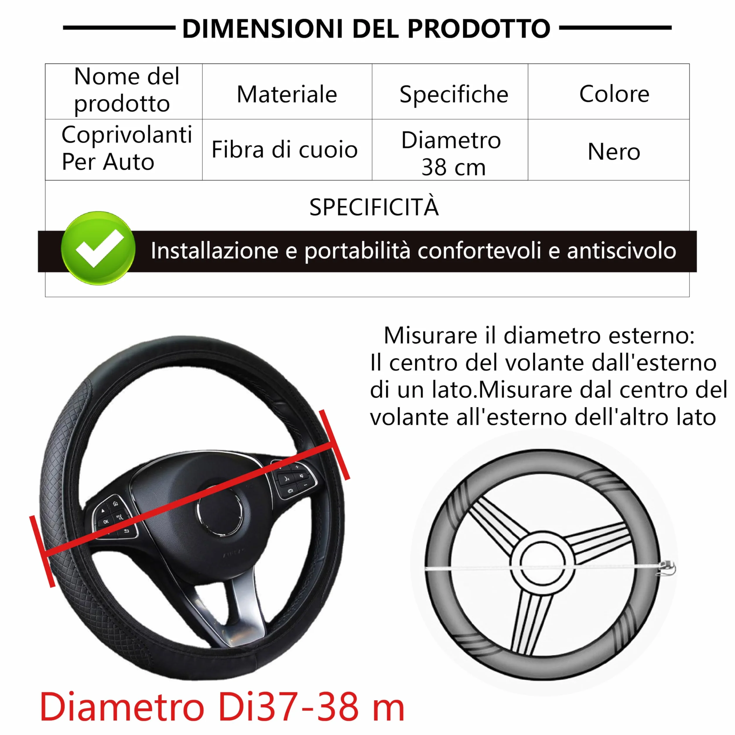 Coprivolante Auto Pelle, Copertura Universale 37-38cm, Nero