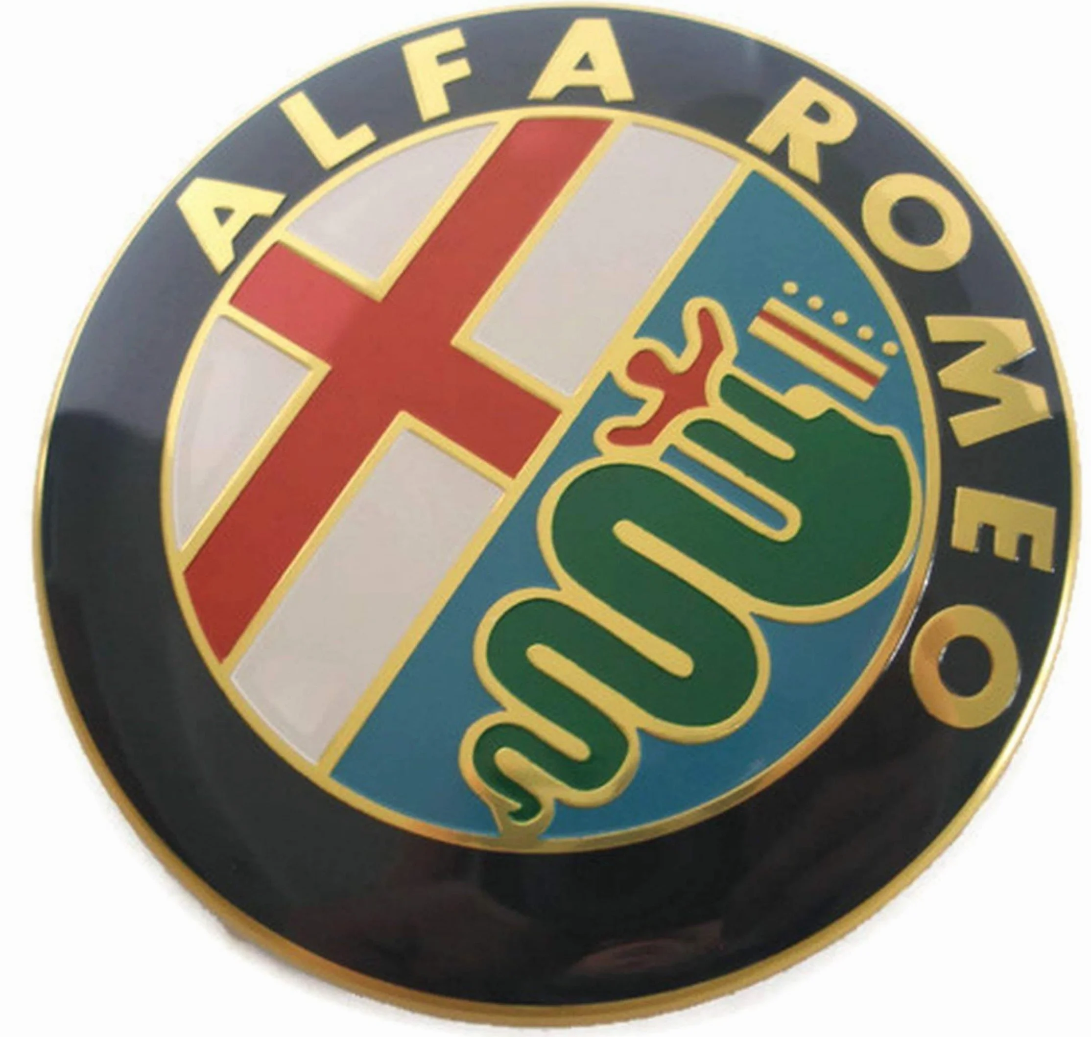 2 Fregi Stemmi Compatibili con Alfa Romeo Logo 74mm Cofano Anteriore Posteriore Emblema Oro Gold 147 156 159 Brera Mito METALLO