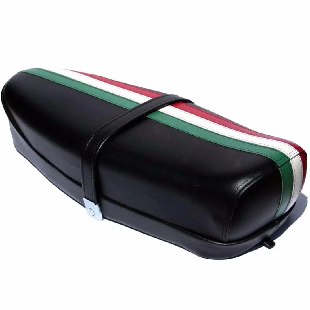 SELLA NERA 2 POSTI COMPATIBILE PER 50 N L R 50 SPECIAL 125 PRIMAVERA LEVETTA FASCIA TRICOLORE BANDIERA