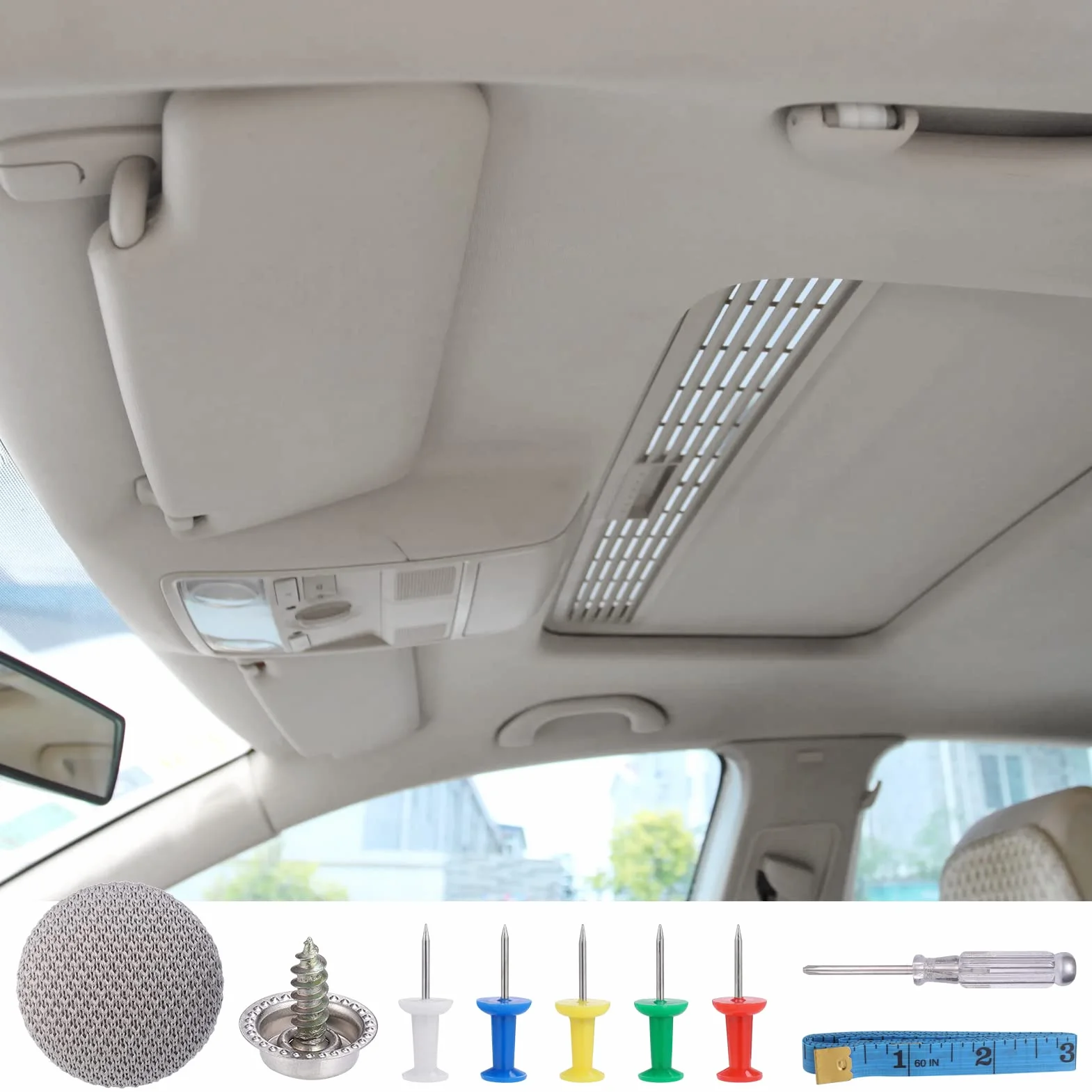 Zocipro Riparazione Cielo Auto Kit 65 Pz Rivetti Pulsante Cacciavite Metro Nastro Grigio