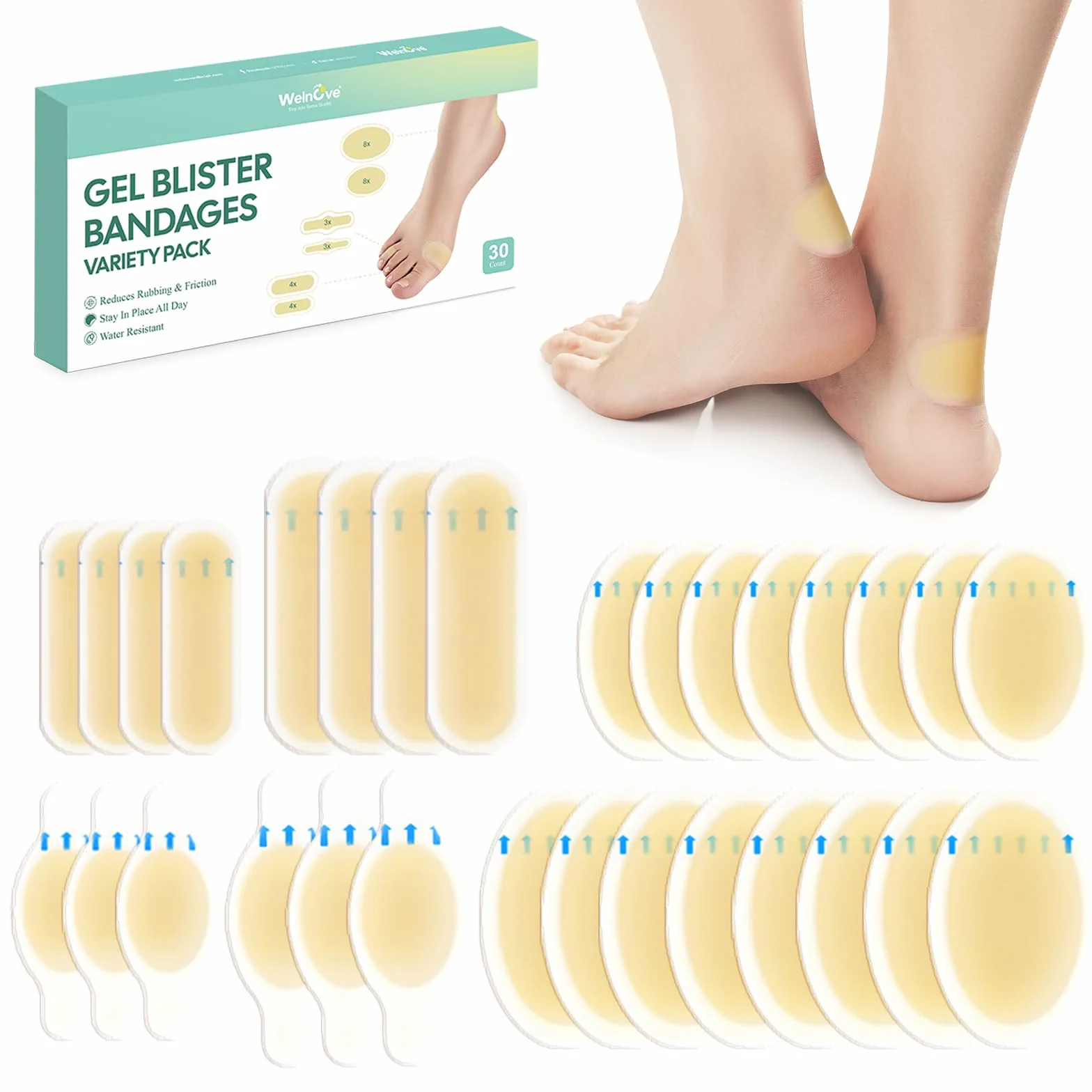 Welnove Blister Plasters for Feet, Invisible Hydrocolloid Gel Bandages, 30 Pcs Water Resistant Cushions for Heel, Toe & Foot