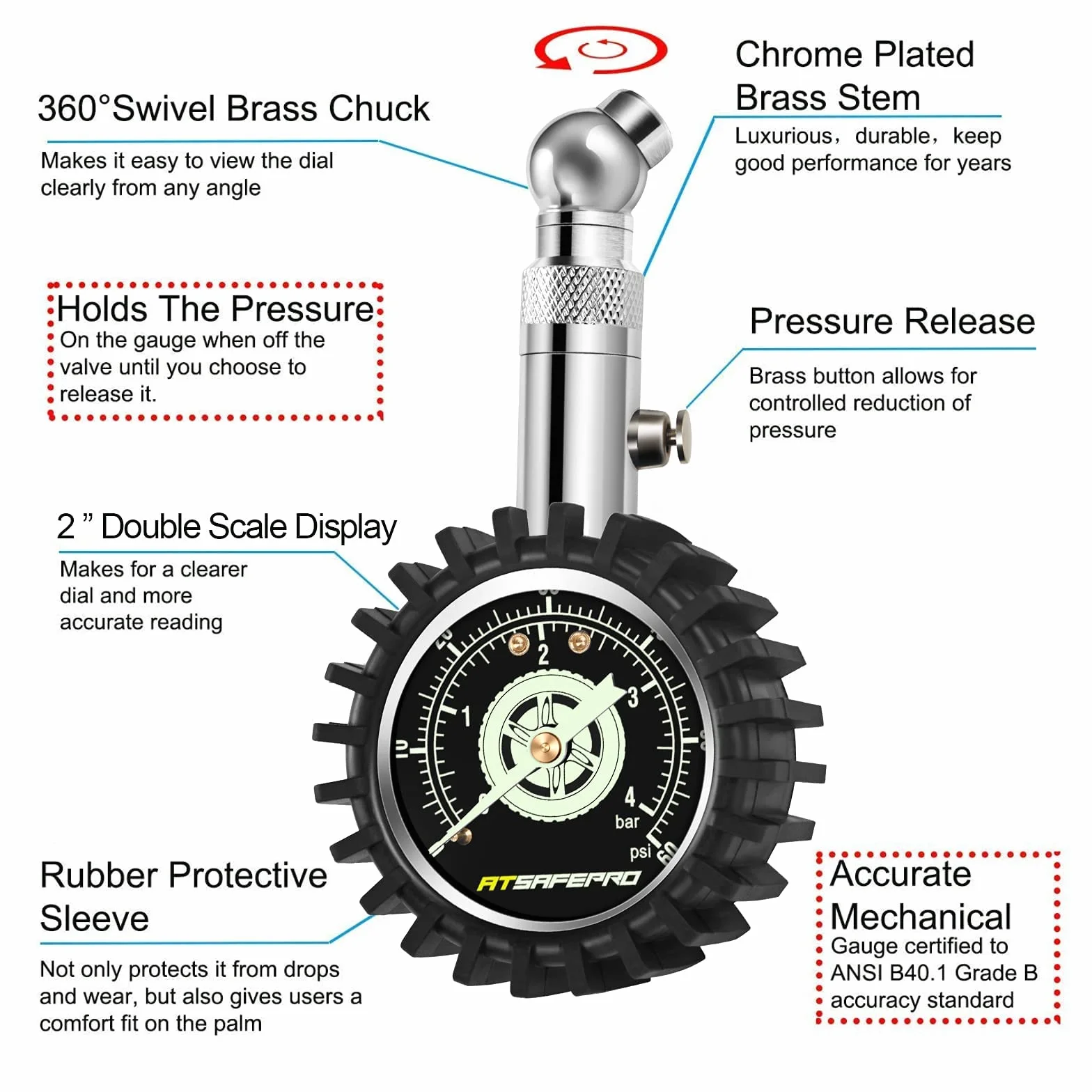 ATsafepro Manometro Pressione Gomme 4 bar 60psi ANSI B40.1 2" preciso per moto auto camion