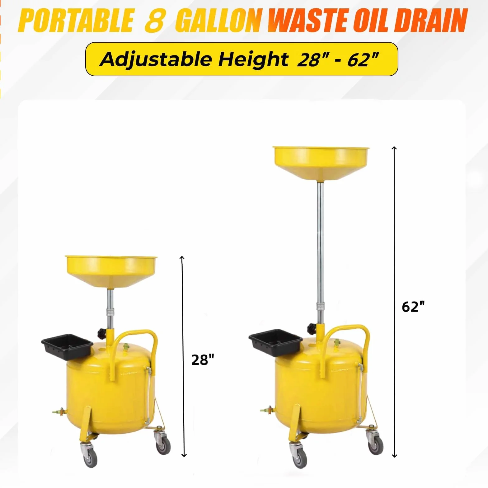 Serbatoio Raccolta Olio esausto 30L per Officina e Garage - Portatile con Ruote - Funzionamento Pneumatico - Altezza Regolabile 71-157cm - Imbuto Largo - Giallo