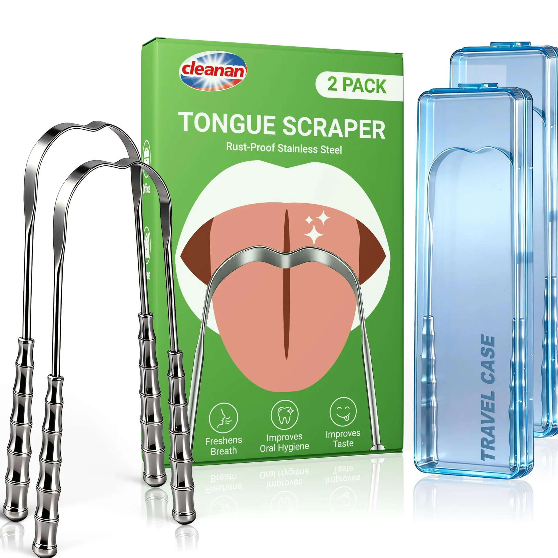 Tongue Scraper 2 Pezzi Acciaio Inossidabile con Custodie, Raschietto Lingua Metallo per Alito Fresco