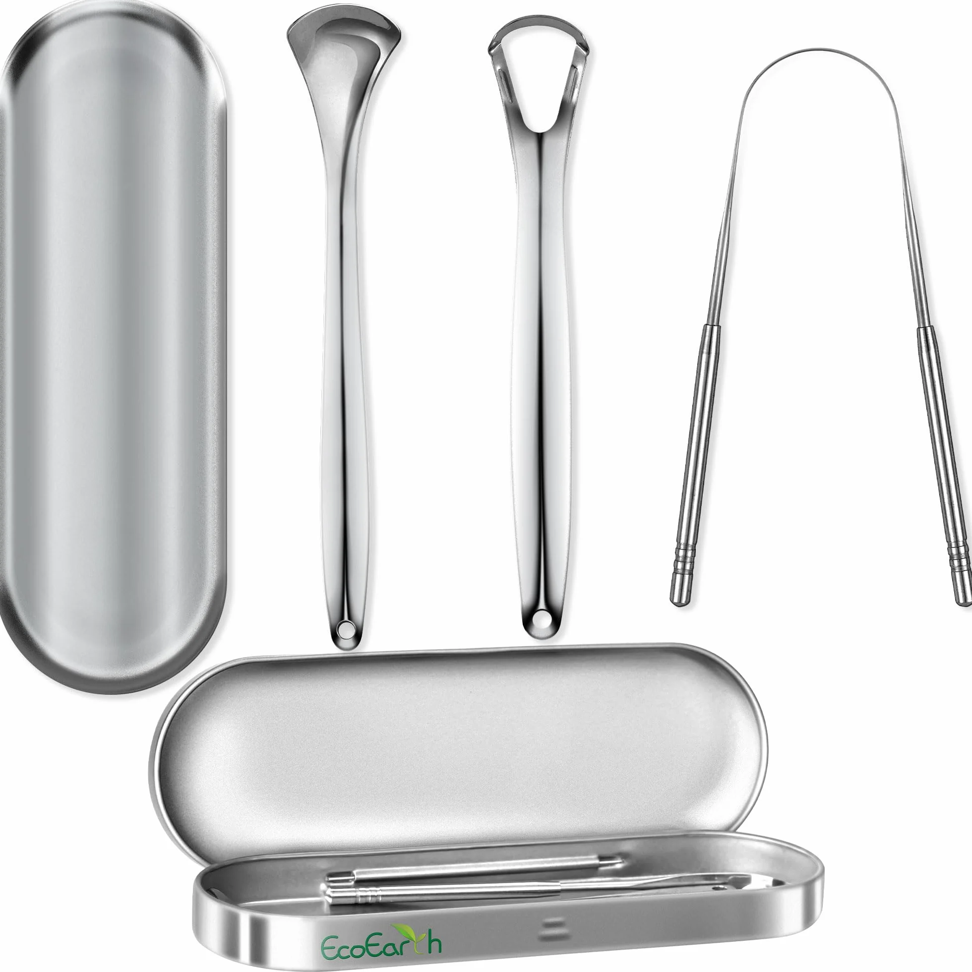 EcoEarth Set di 3 Raschietti per Lingua in Acciaio Inossidabile con Custodia per Igiene Orale