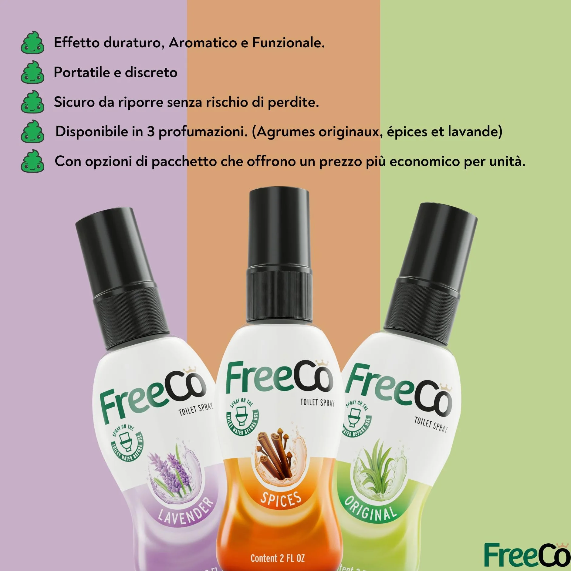 FreeCo Spray WC Blocca Odori Pre-uso Oli Essenziali Naturali Confezione Mix 2x60 ml Agrumata Originali Lavanda Calmante