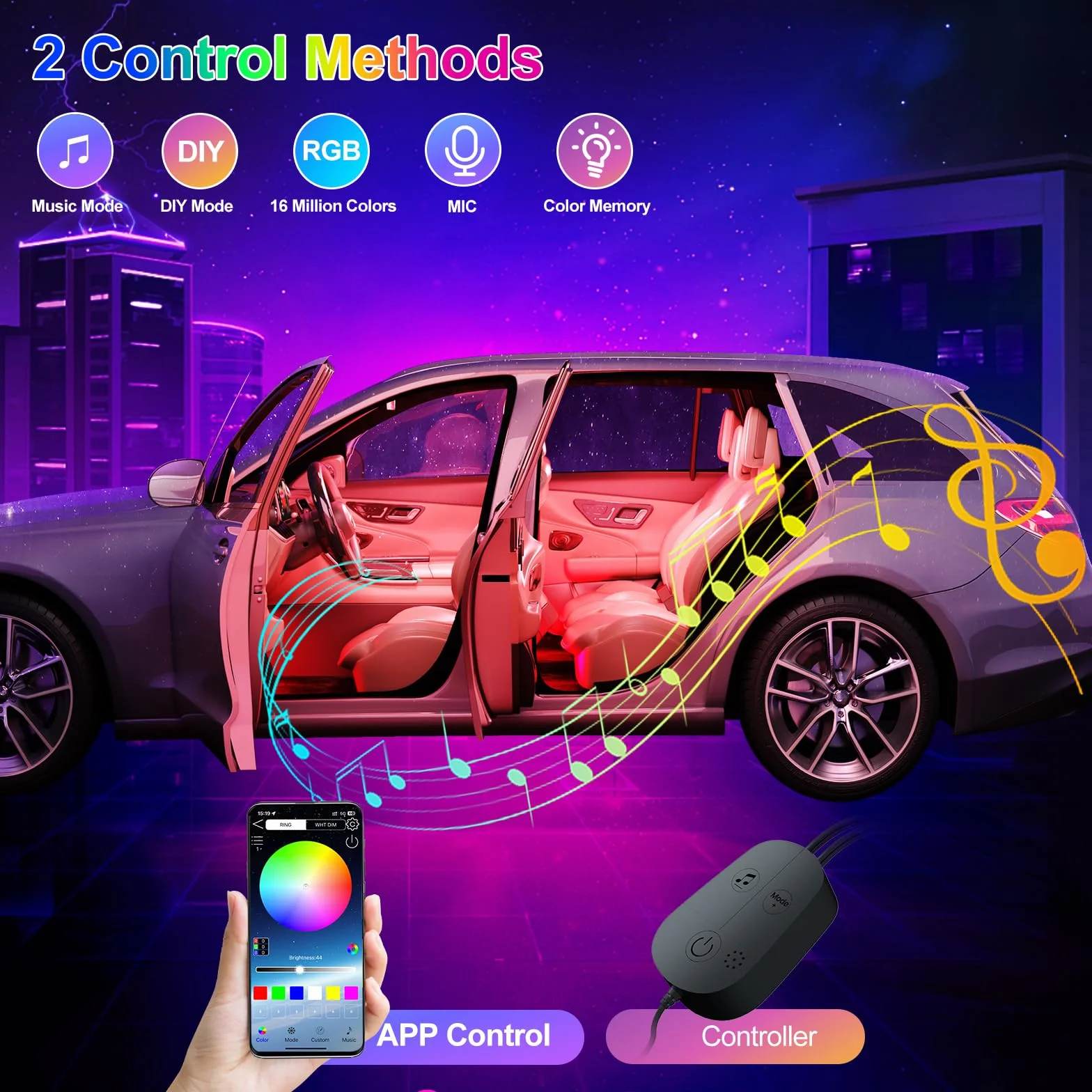 YiLaie LED Auto Interni, Luci Ambiente Auto con App e Controller, USB, 16 Milioni di Colori, Modalità Musica