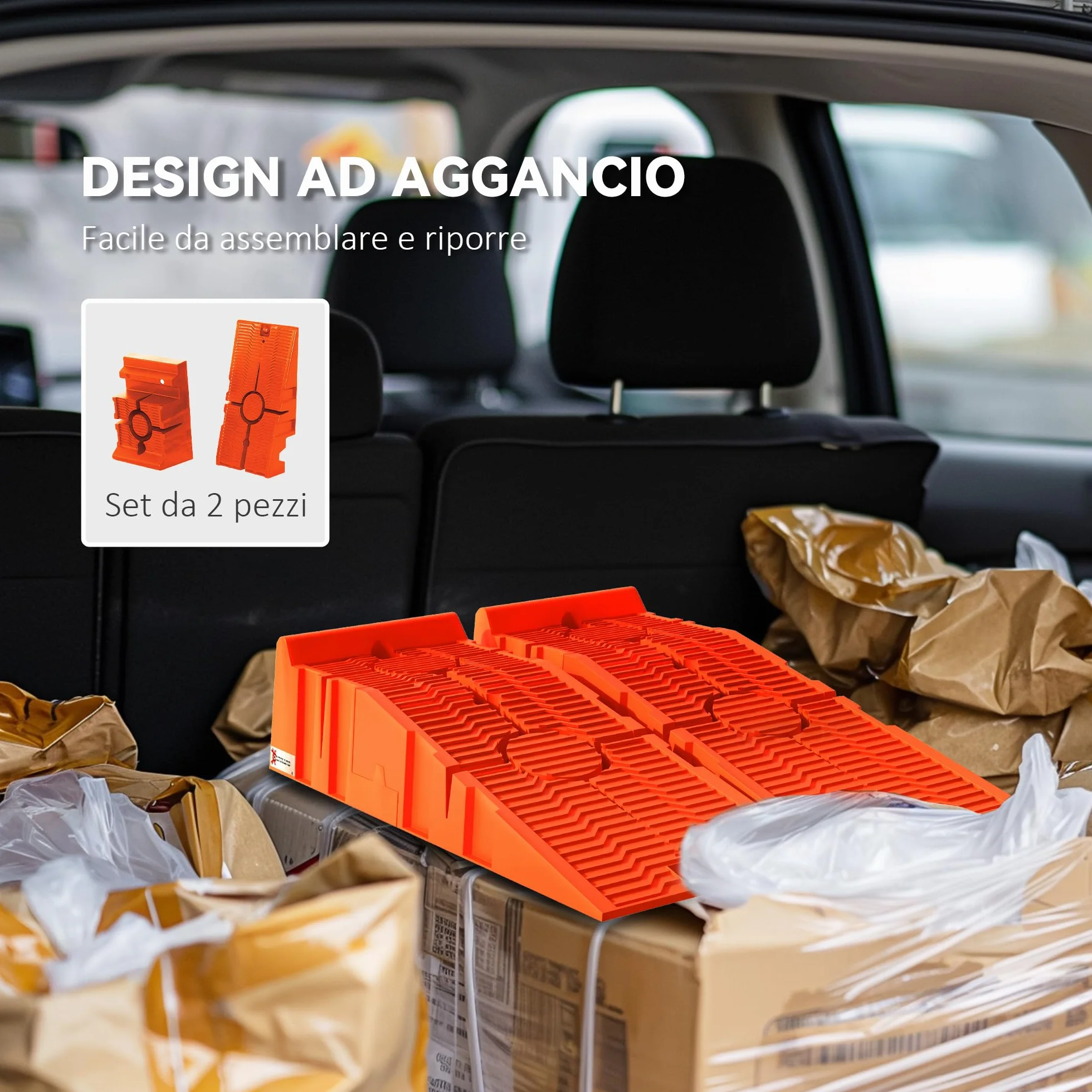 DURHAND Set 2 Rampe di Carico per Auto in Plastica con Carico Massimo 5 Tonnellate, Pedane per Auto Salvaspazio per Manutenzione, 91x30x21 cm, Arancione