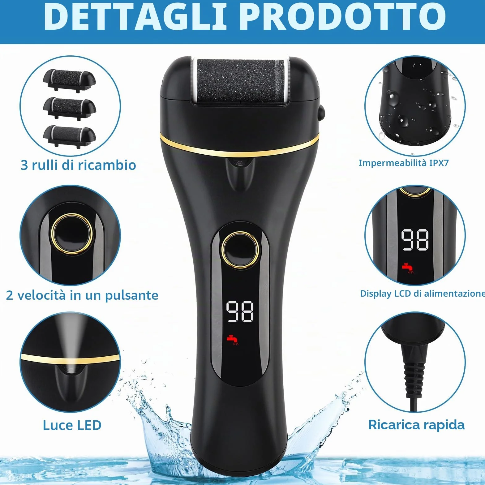 Pedicure Elettrico Professionale Ricaricabile con 3 Rulli Rimozione Calli Pelle Dura Secca (Nero)