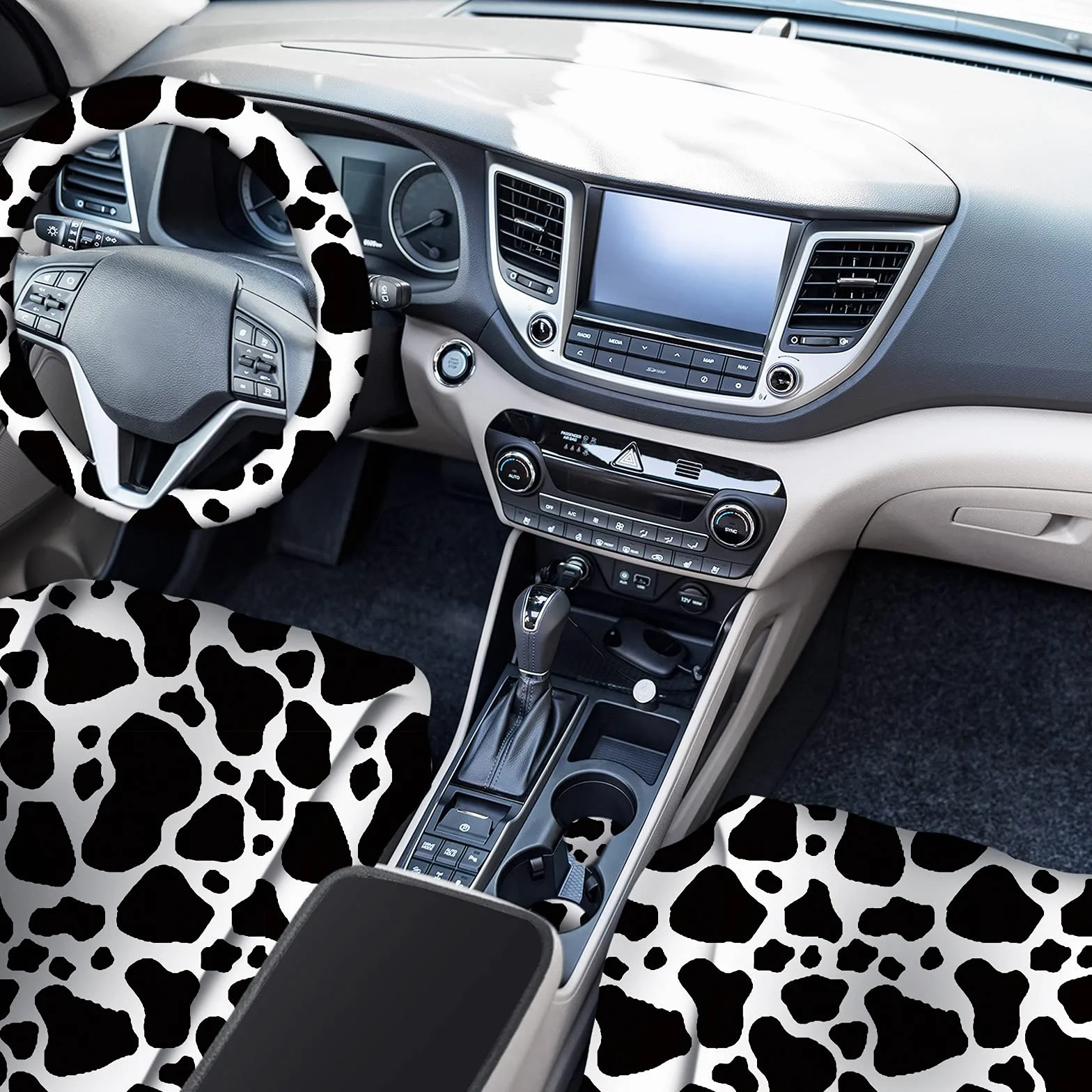 Set completo di coprisedili per auto con stampa di mucca, set completo di accessori per auto con stampa di mucca, volante in gomma, cuscinetto per bracciolo, cuscinetti per cintura di sicurezza
