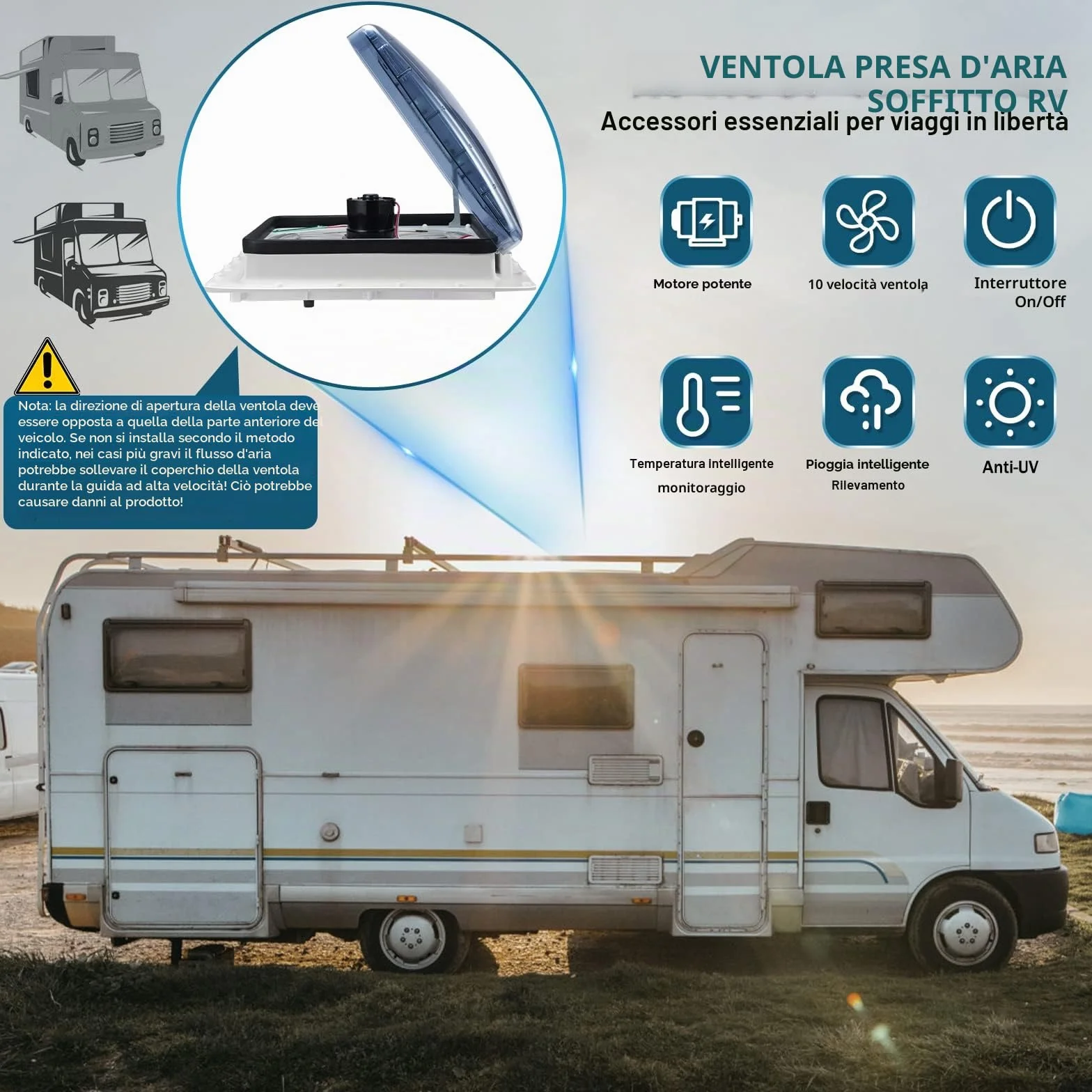 Ventilatore da Tetto per Camper 12 V Reversibile Presa d'Aria Dual Mode Sfiato Roulotte Rimorchi
