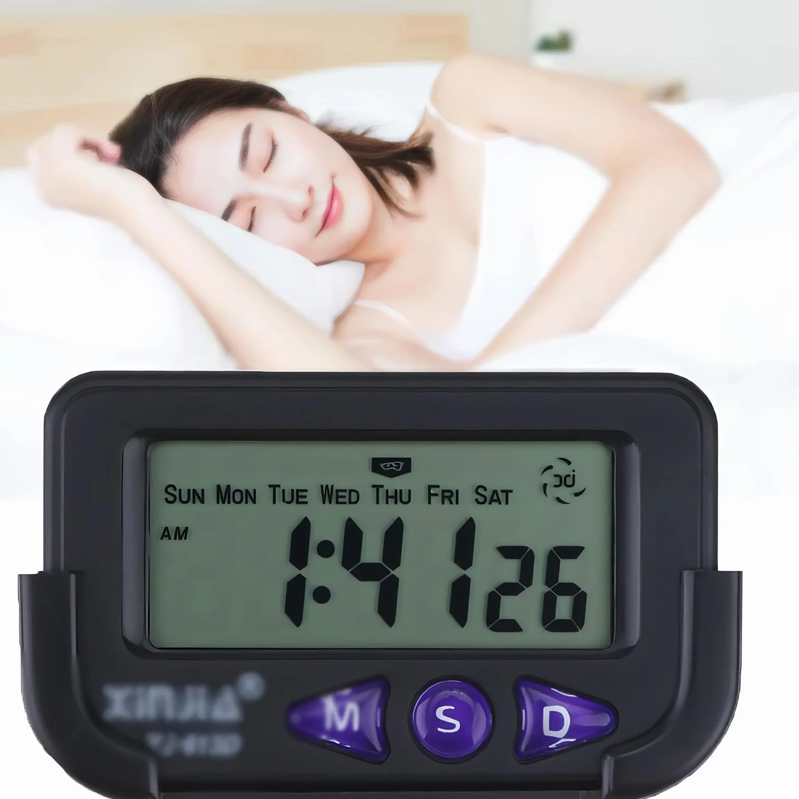 Baceyong Orologio Digitale LCD, Mini Orologio da Auto ABS, Cronografo da Tavolo, Orologio Elettronico da Auto per Veicolo, Casa, Ufficio, Viaggio con Cuscinetto Adesivo - Nero