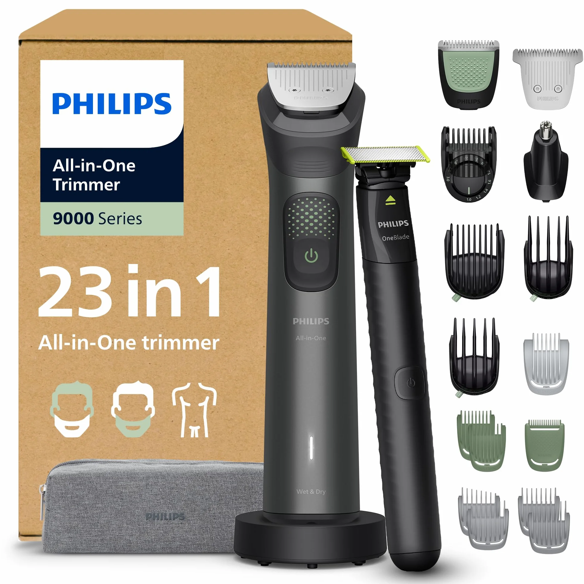 Philips Multigroom Serie 9000 MG9561/30 23w1 OneBlade Set completo viso testa corpo 27 impostazioni lunghezza 0,2-20 mm