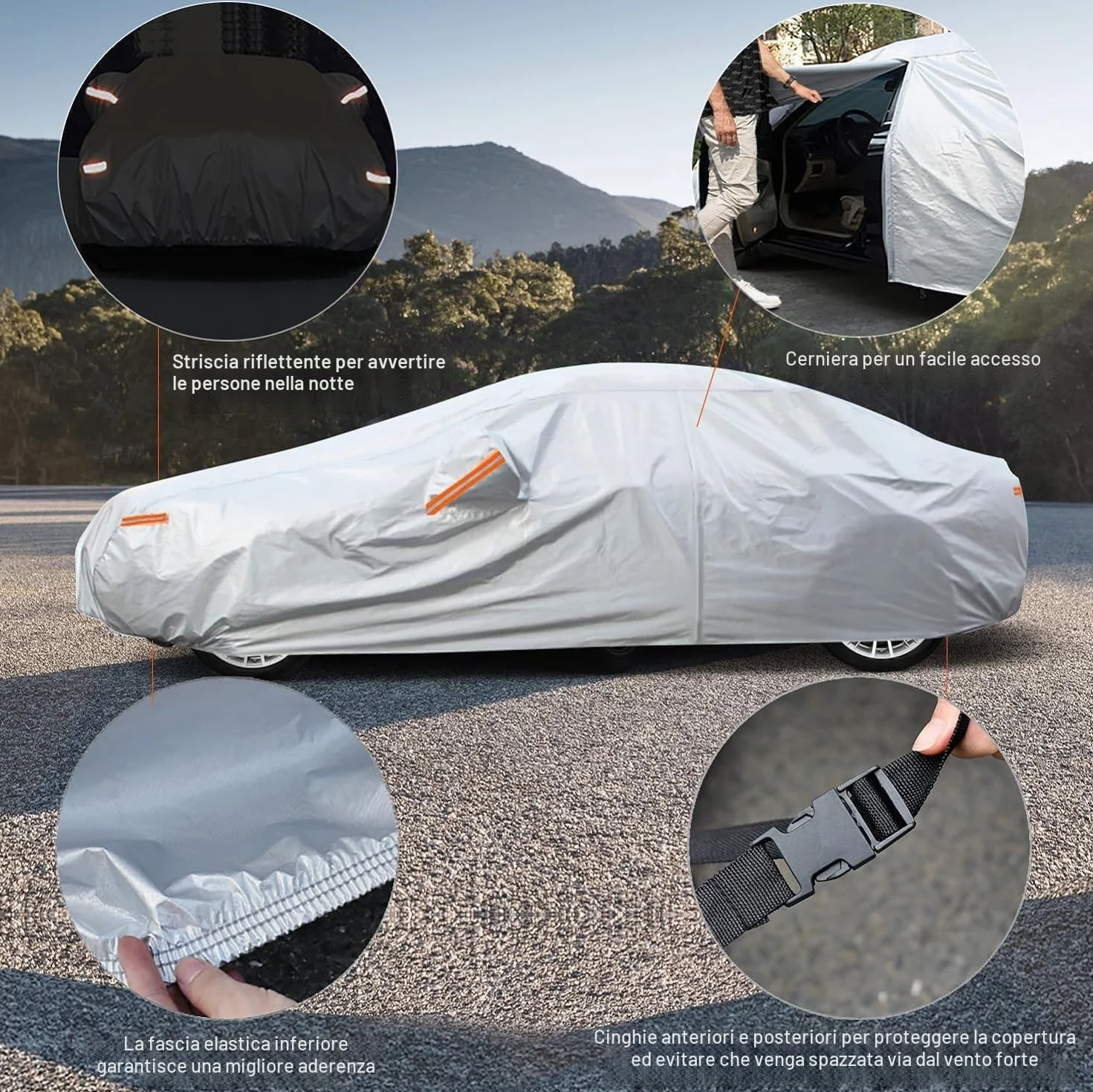 Kayme Telo Copriauto da Esterno, Compatibile con Fiat Panda (2011-2025), Copertura a 6 Starti per Impermeabile Anti UV Anti Vento Antipolvere, Telo Copri con Cerniera e in Cotone.
