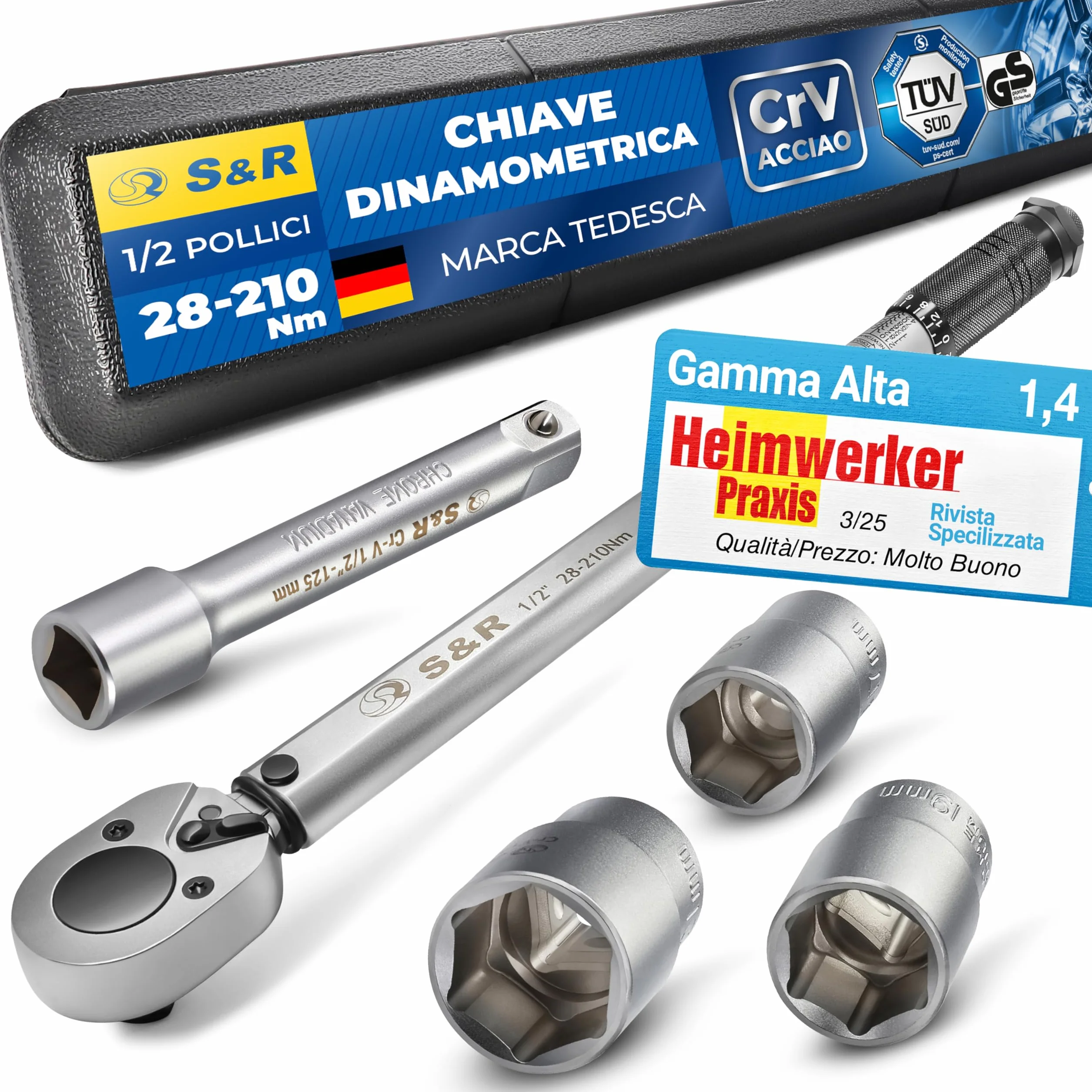 S&R Chiave Dinamometrica 1/2 28-210 Nm Set Professionale con Prolunga e Bussole 17-21mm
