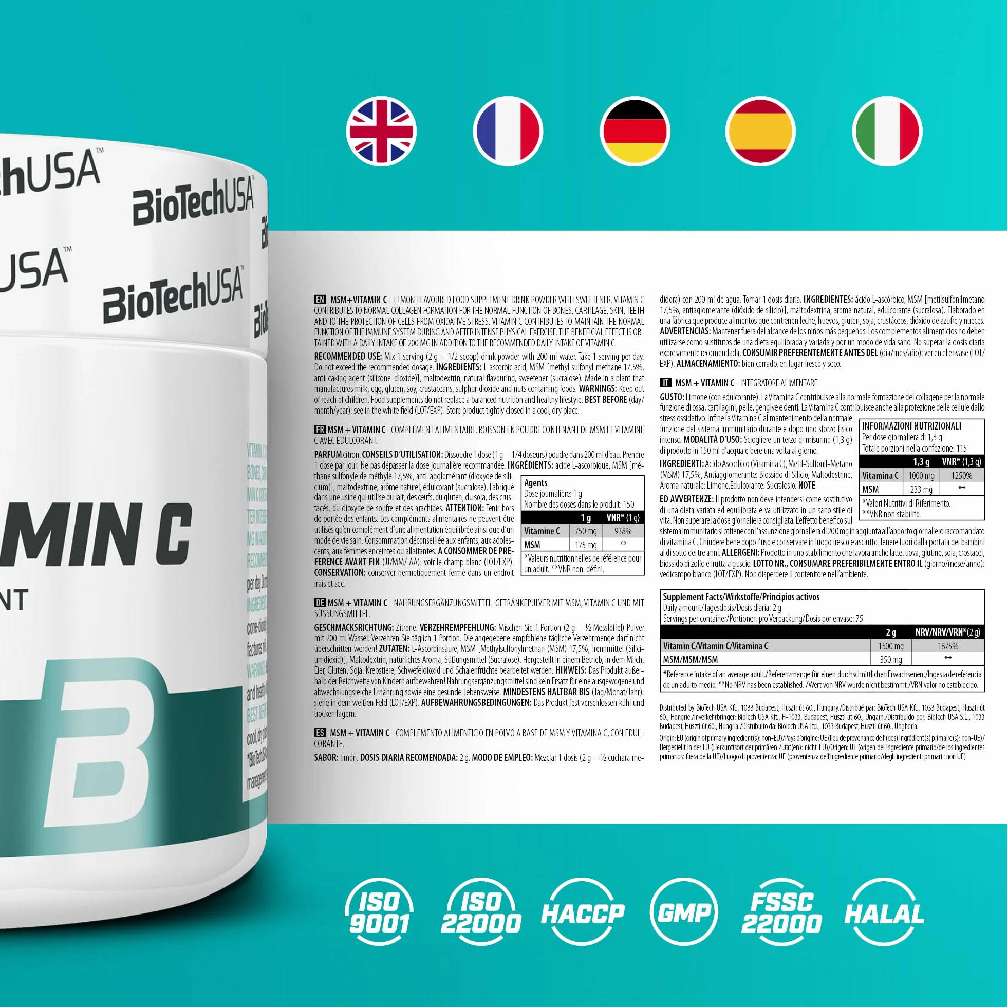 BioTechUSA MSM + Vitamin C, Integratore in polvere con vitamina c e msm solubile, 150 g, Limone