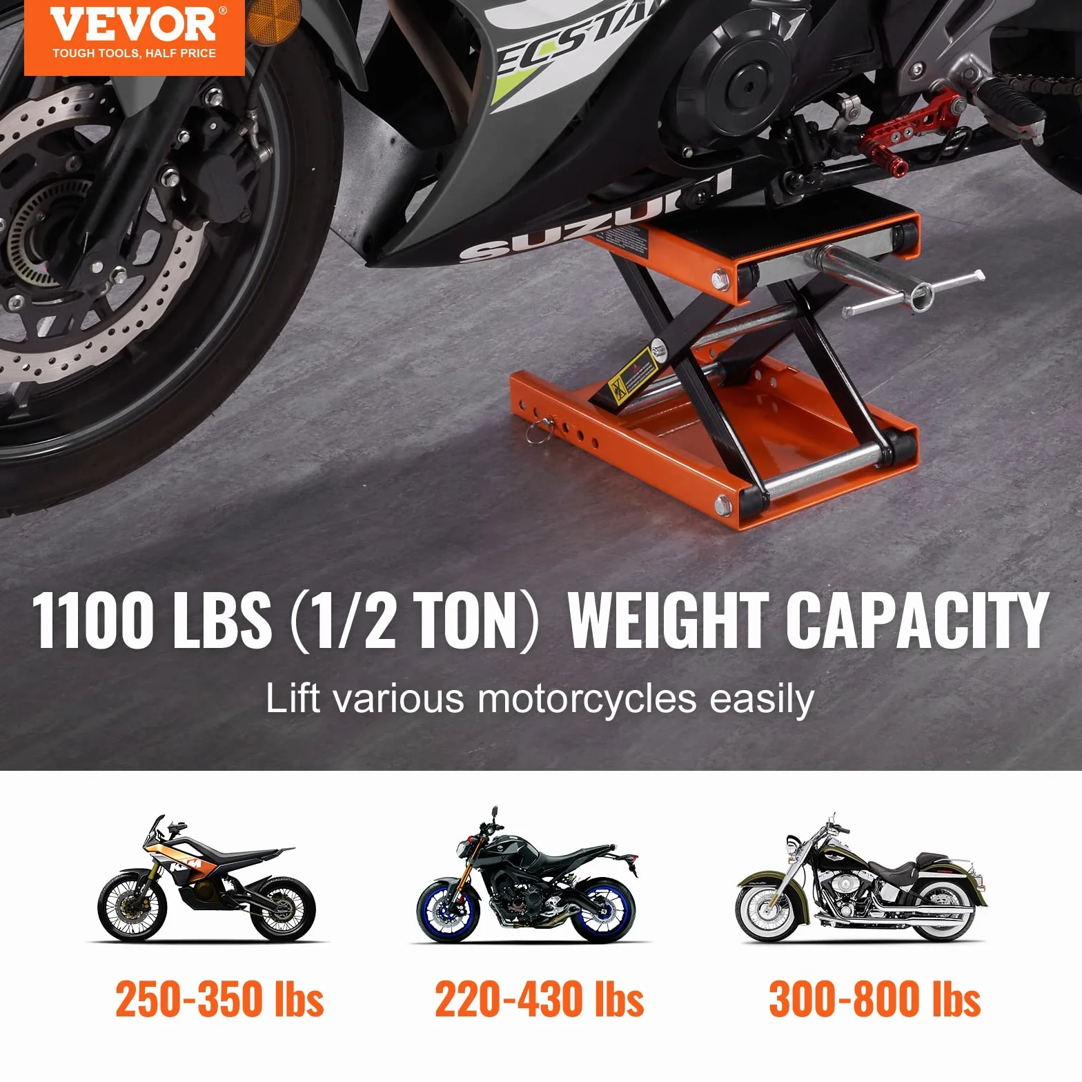 VEVOR Sollevatore Idraulico Moto da Officina 500kg Altezza Regolabile 9,5-35cm Piattaforma 36,5x22,2cm