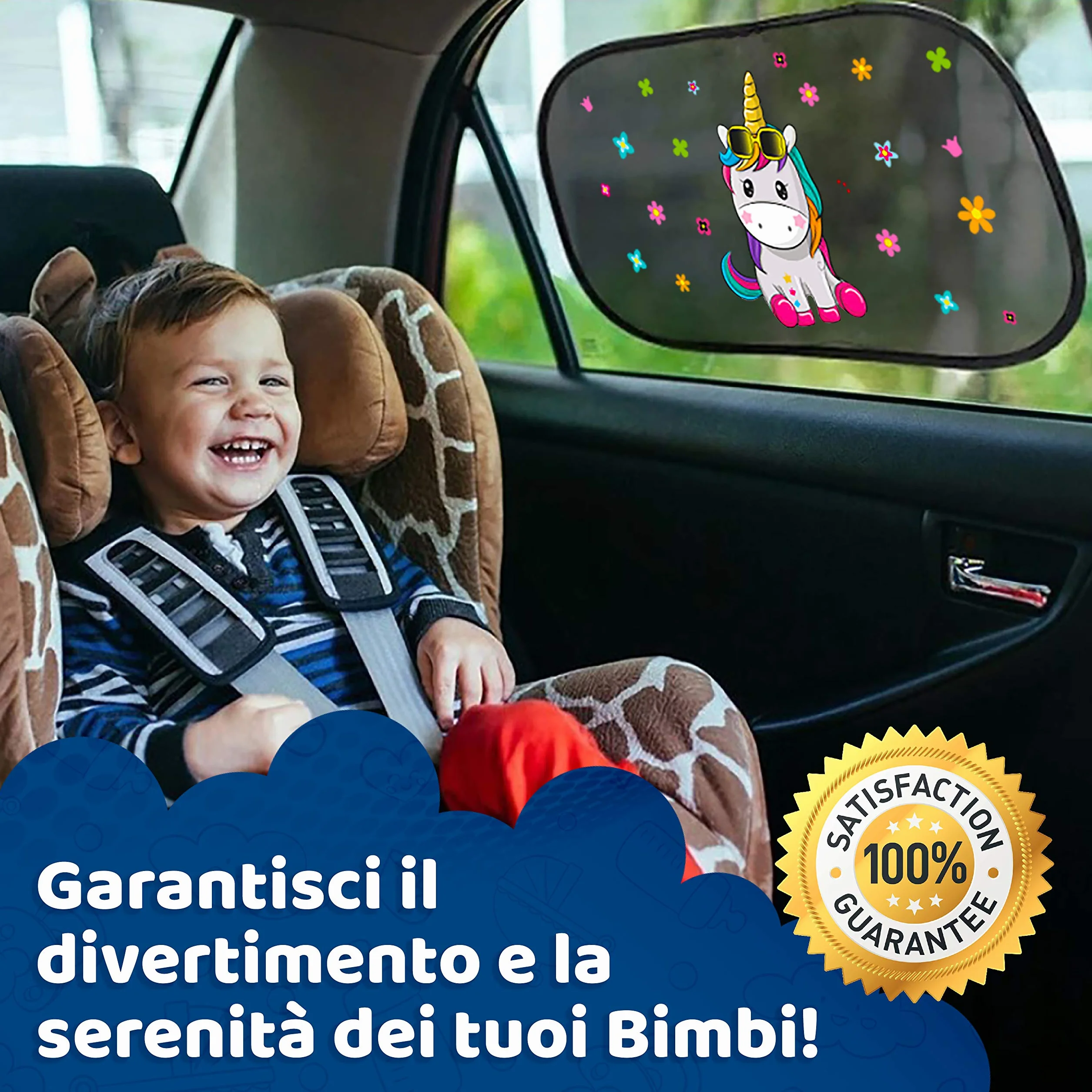 Tendine Parasole Auto Bambini - Protezione Solare 99% Dai Raggi UV - 2 Pezzi 51x31 cm 80g/m2 - Accessori Macchina Per Interno Tende Oscuranti - Design Neonati E Bimbi (Unicorno)